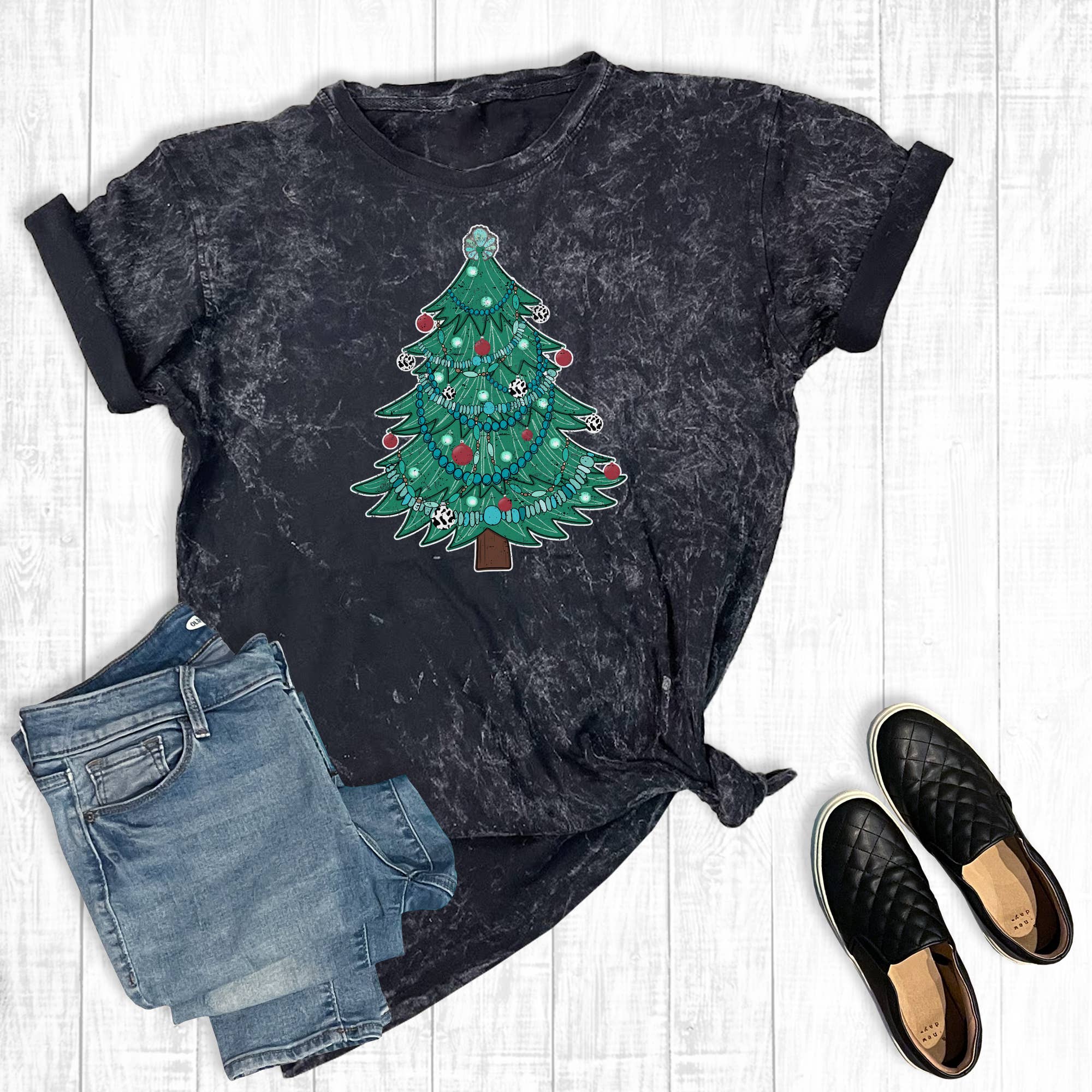 Western Christmas Turquoise Tree Mineral Wash Graphic Tee Hoodie, Sweatshirt | PodTeesHub.com