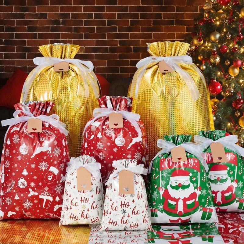 30Sets Christmas Drawstring Gift Bags with Tags, Xmas Gift Bags Assorted Sizes Bulk, Large Medium Small Holiday Gift Bags...