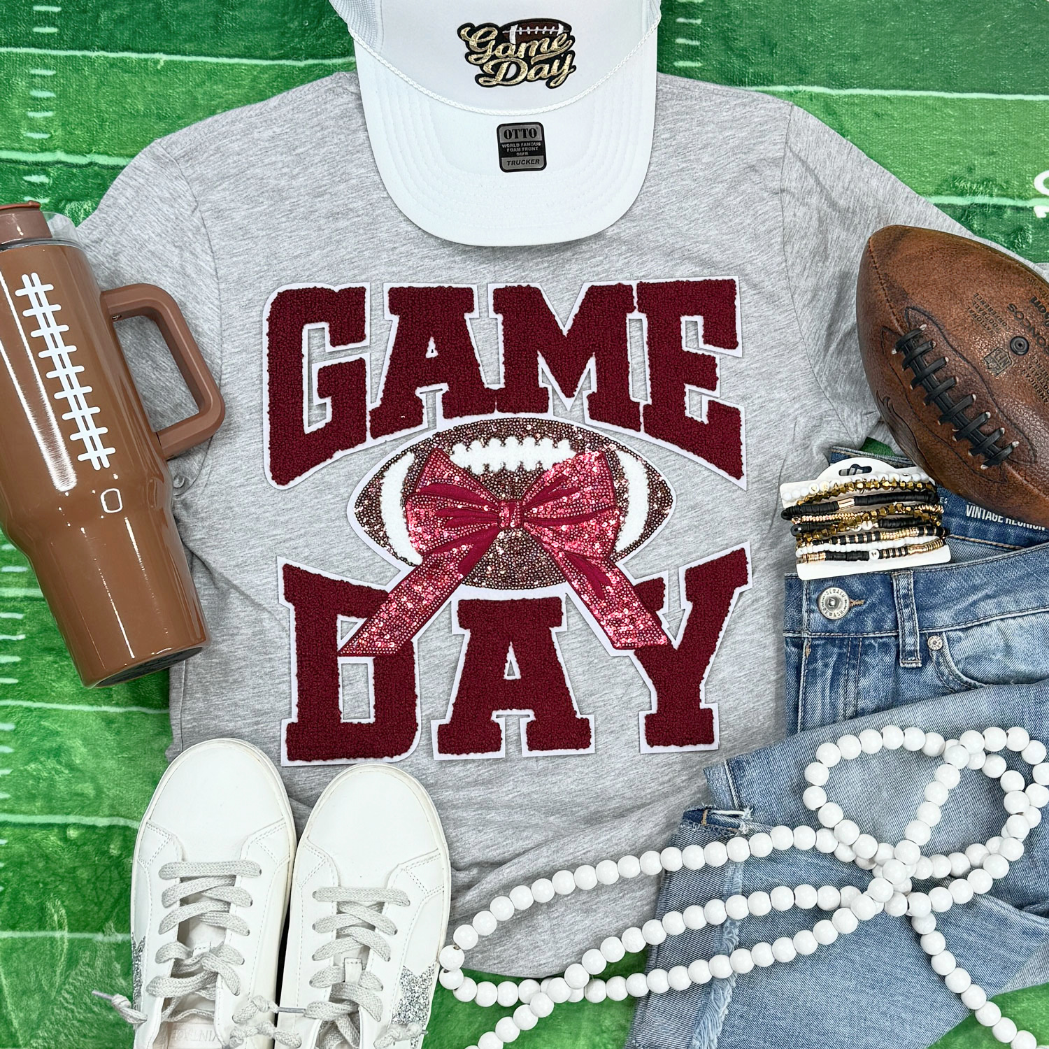 Maroon Chenille Football Game Day with Sequin Bow Patch Sport Grey Everyday Tee Hoodie, Sweatshirt | PodTeesHub.com