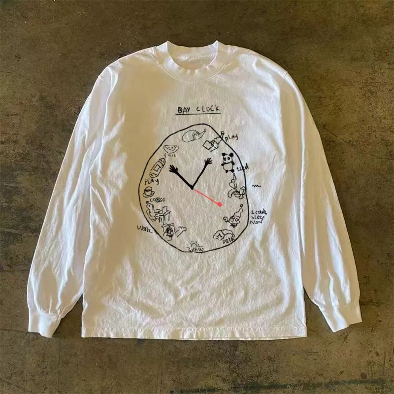 Vintage White Casual Retro Clock Print Long Sleeved T-Shirts, Hoodie, Sweatshirt
