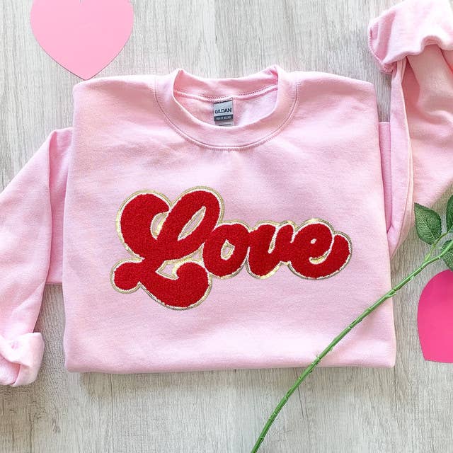 Red Love Chenille Patch Crewneck Sweatshirt T-Shirts, Hoodie | PodTeesHub.com