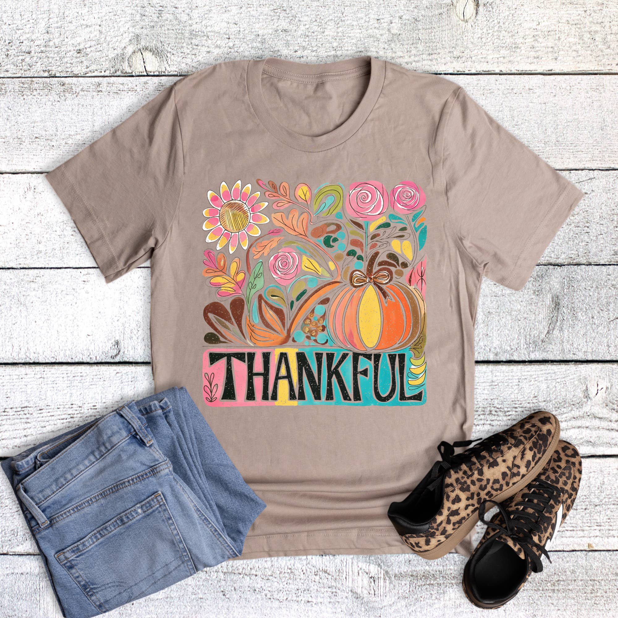 Boho Colorful Thankful Pumpkin Graphic Tee Hoodie, Sweatshirt | PodTeesHub.com