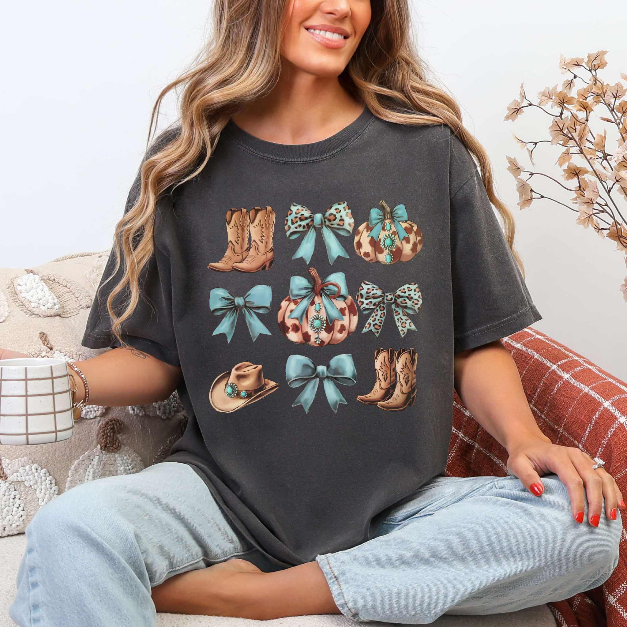Western Turquoise Pumpkins & Bows Tee Hoodie, Sweatshirt | PodTeesHub.com