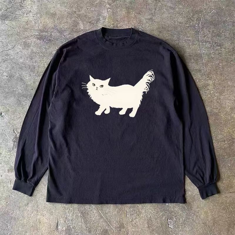 Japanese Brand Black Retro Cat Print Long Sleeved T Shirt Hoodie, Sweatshirt | PodTeesHub.com