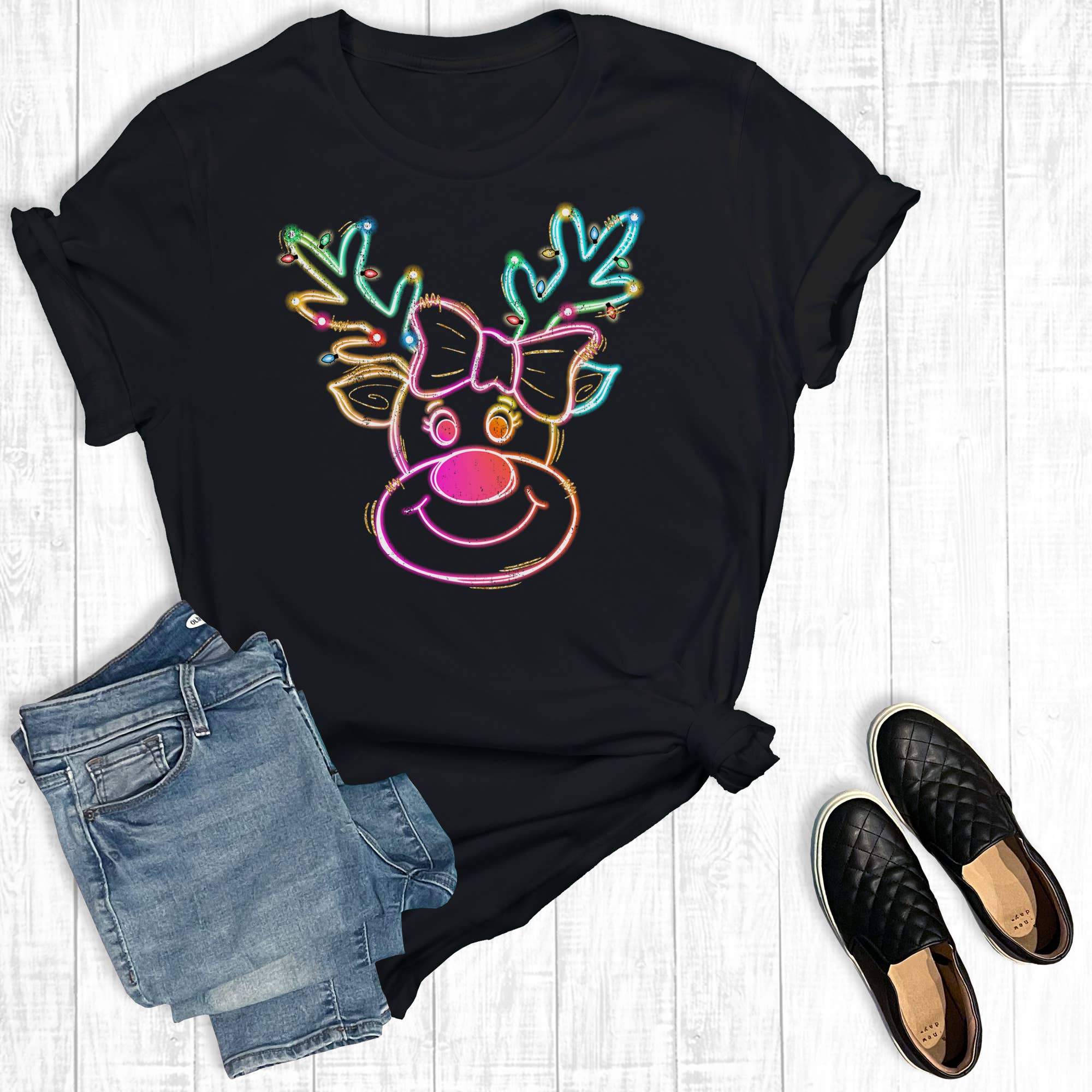 Christmas Coquette Neon Reindeer Graphic Tee Hoodie, Sweatshirt | PodTeesHub.com