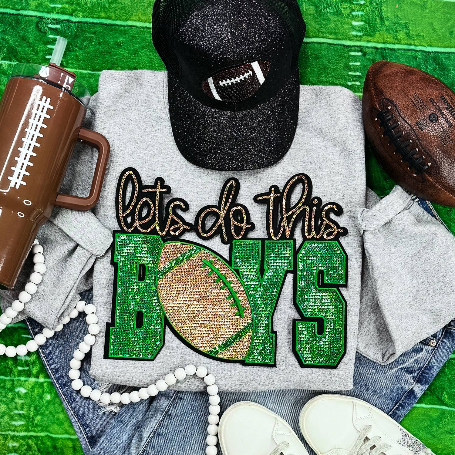 Let's Do This Boys Green/Gold Sequin Patch Sport Grey Crewneck Sweatshirt T-Shirts, Hoodie | PodTeesHub.com