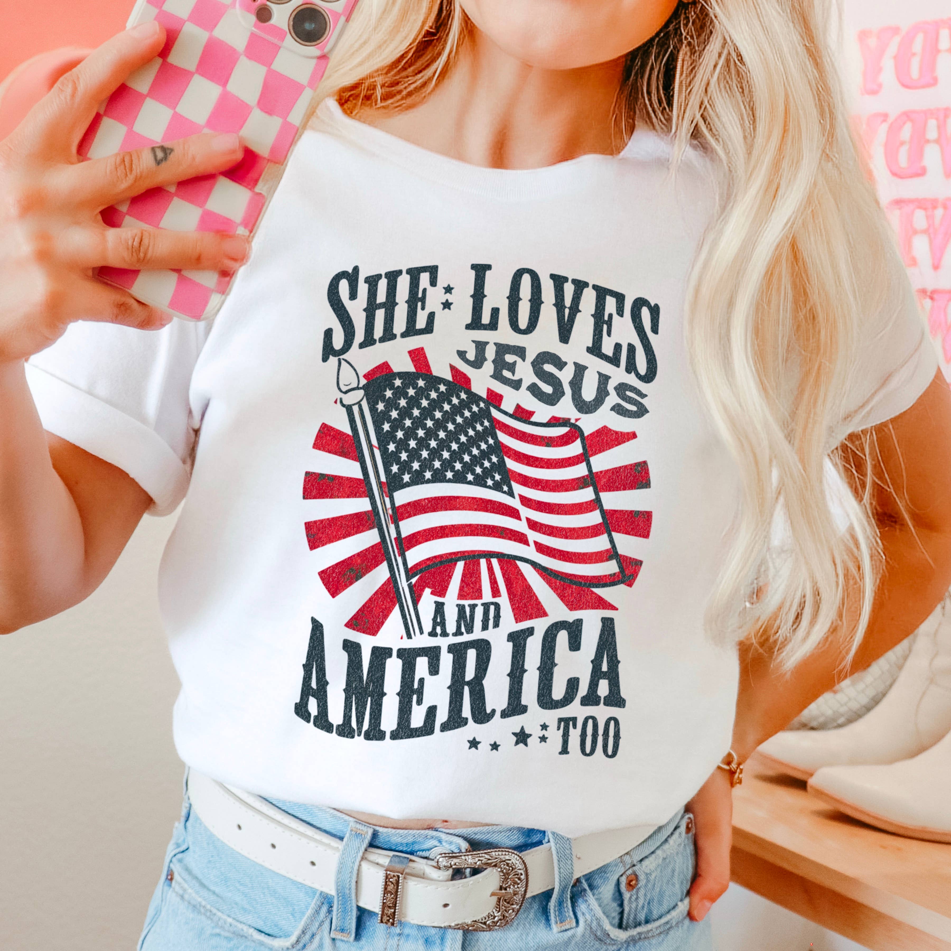 She Loves Jesus |  July 4th Graphic Shirt |Comfort Color Hoodie, Sweatshirt | PodTeesHub.com