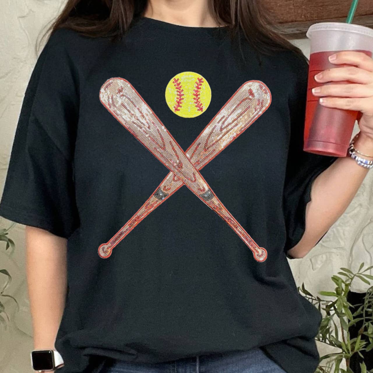 Sequin Bats and Softball Patch Black Everyday Tee Hoodie, Sweatshirt | PodTeesHub.com