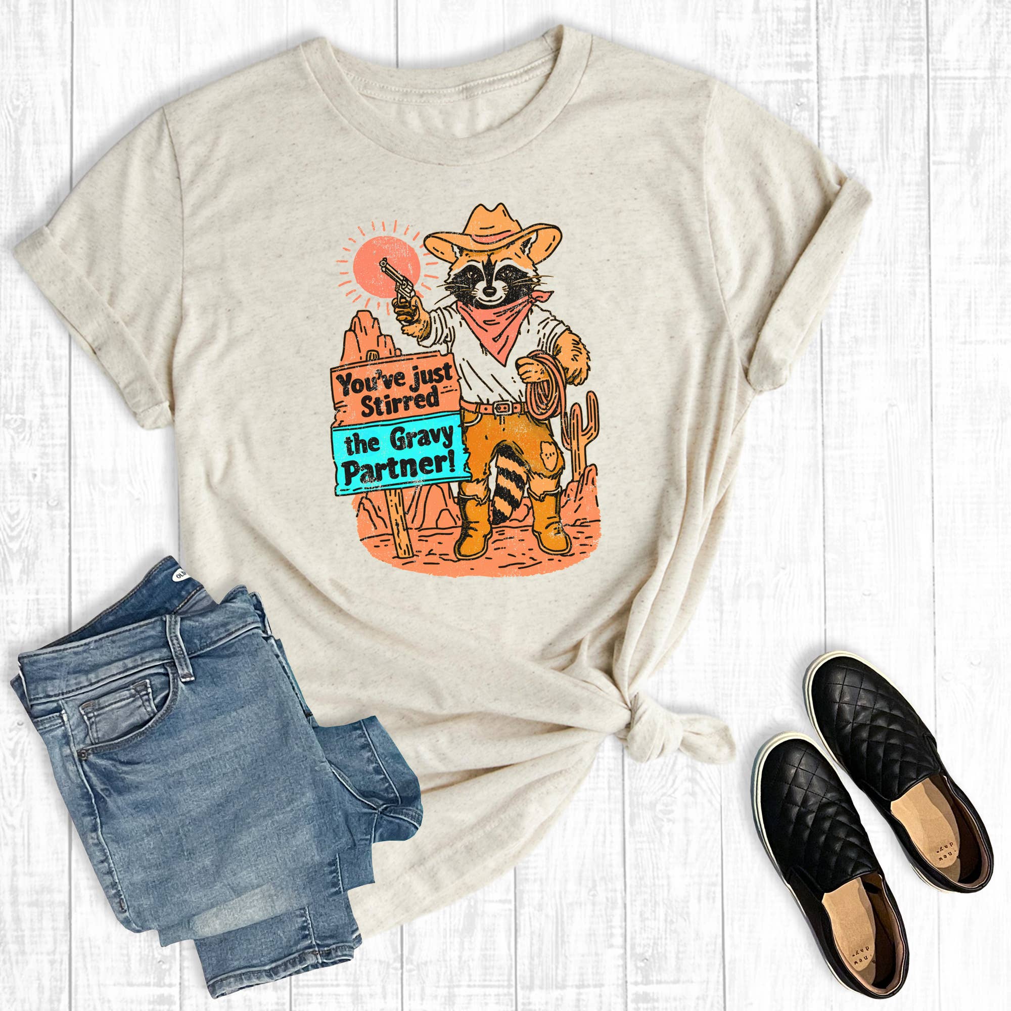 Western Funny Racoon You've Stirred the Gravy Graphic Tee Hoodie, Sweatshirt | PodTeesHub.com