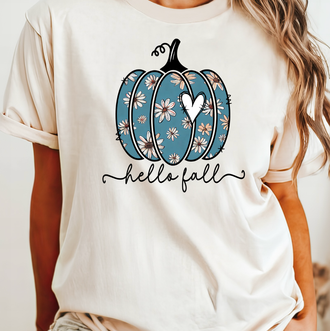 Hello Fall Flower Pumpkin Boho Tee Hoodie, Sweatshirt | PodTeesHub.com