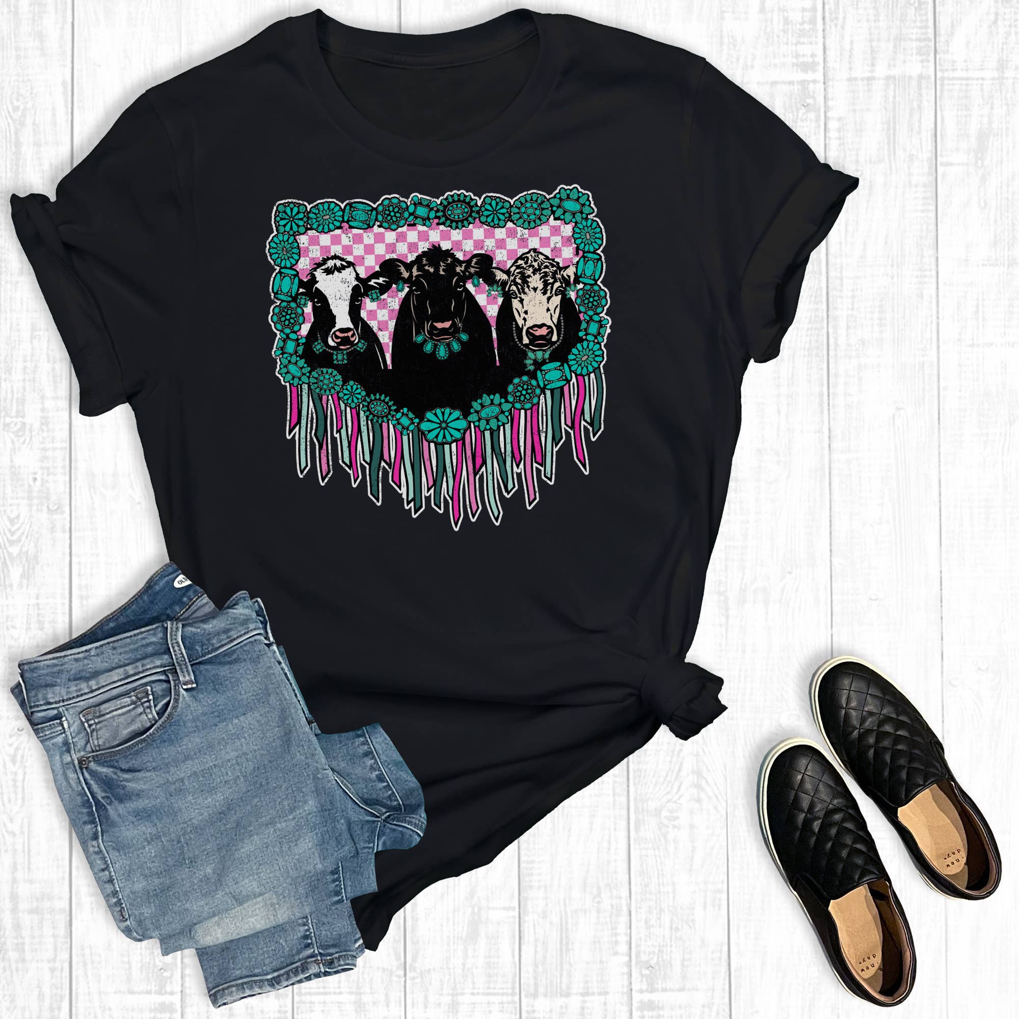 Western Fringe Turquoise Cows Graphic Tee Hoodie, Sweatshirt | PodTeesHub.com