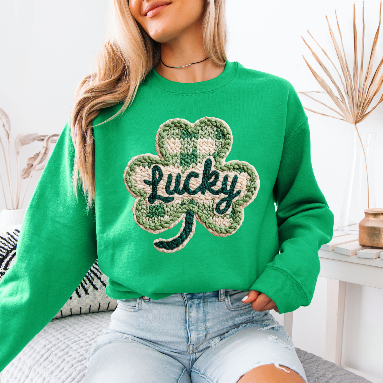 Lucky Shamrock Faux Knit | Unisex Crewneck Sweatshirt [Gildan] T-Shirts, Hoodie | PodTeesHub.com