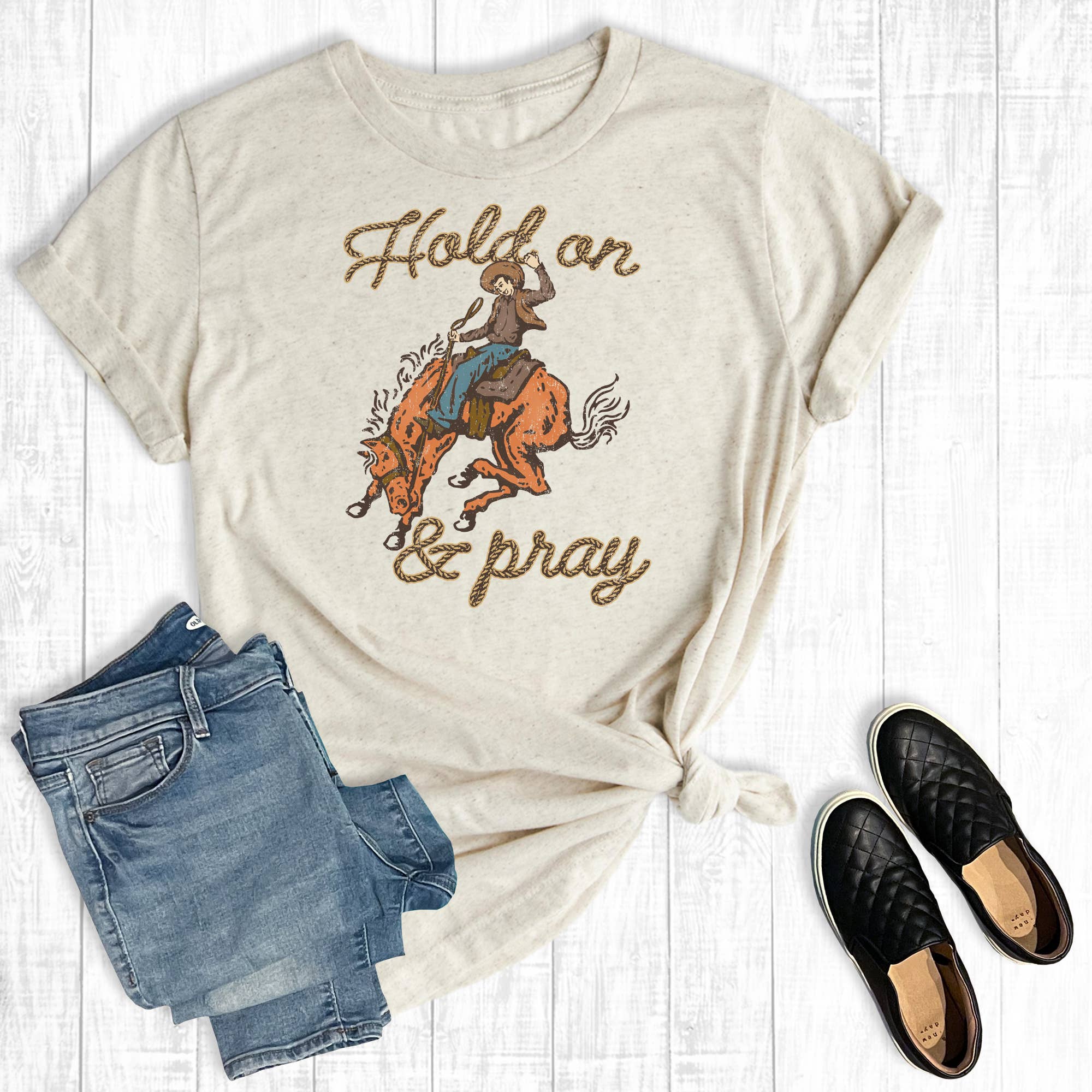 Hold On and Pray Cowboy Graphic Tee Hoodie, Sweatshirt | PodTeesHub.com