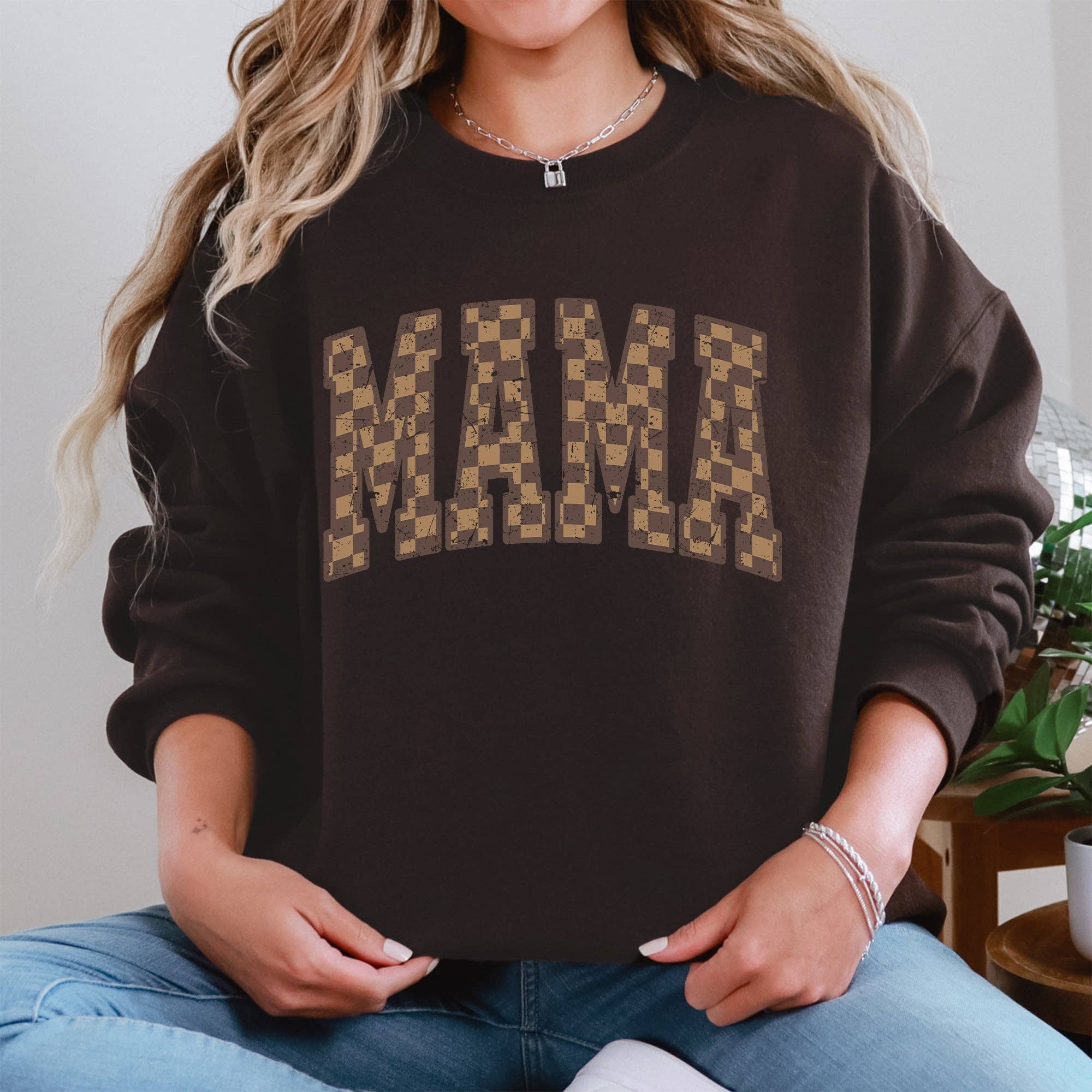 Mama, Brown Checkered, Retro Varsity Mother's Day Sweatshirt T-Shirts, Hoodie | PodTeesHub.com