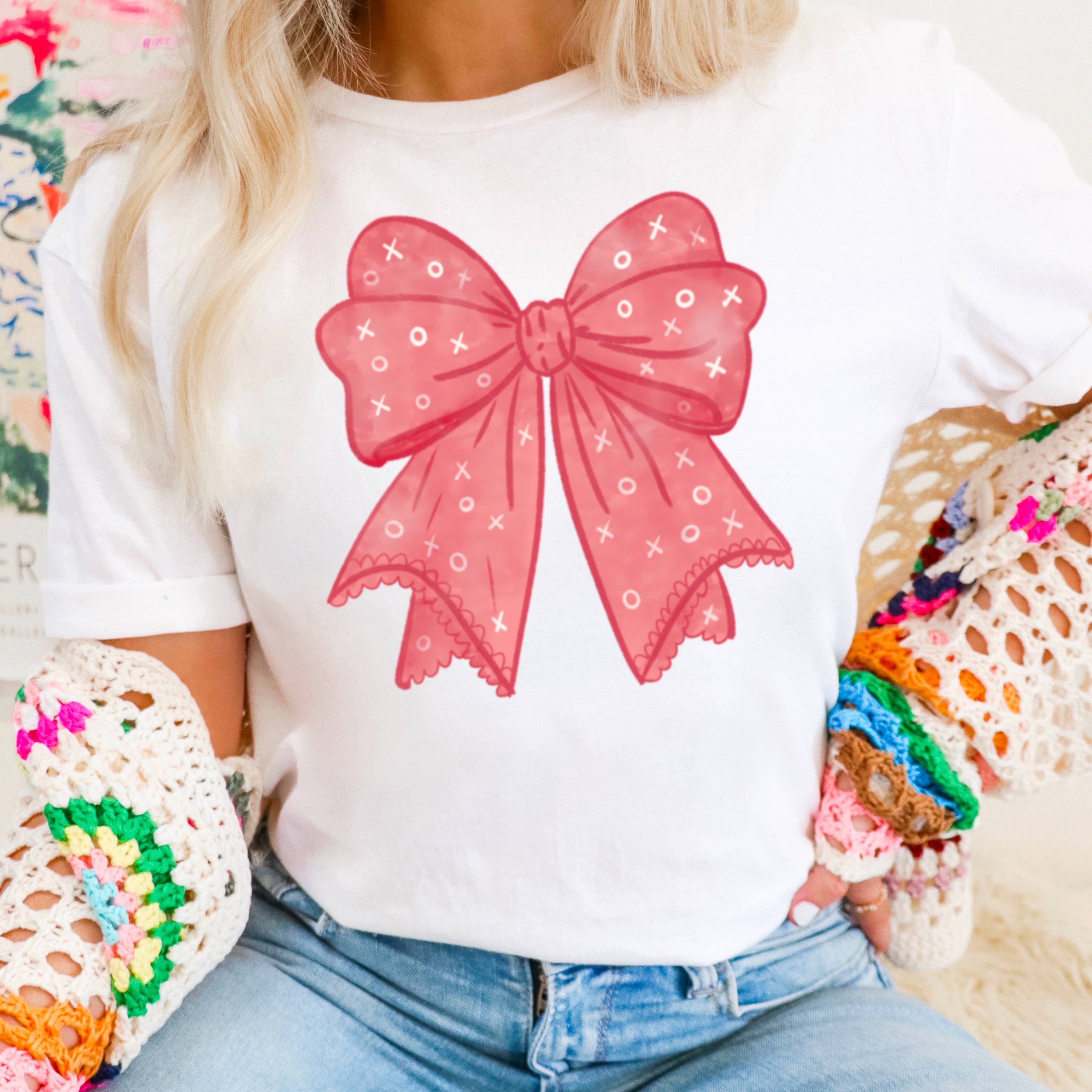 Xoxo Coquette Bow Graphic Shirt | Bella Canvas Hoodie, Sweatshirt | PodTeesHub.com