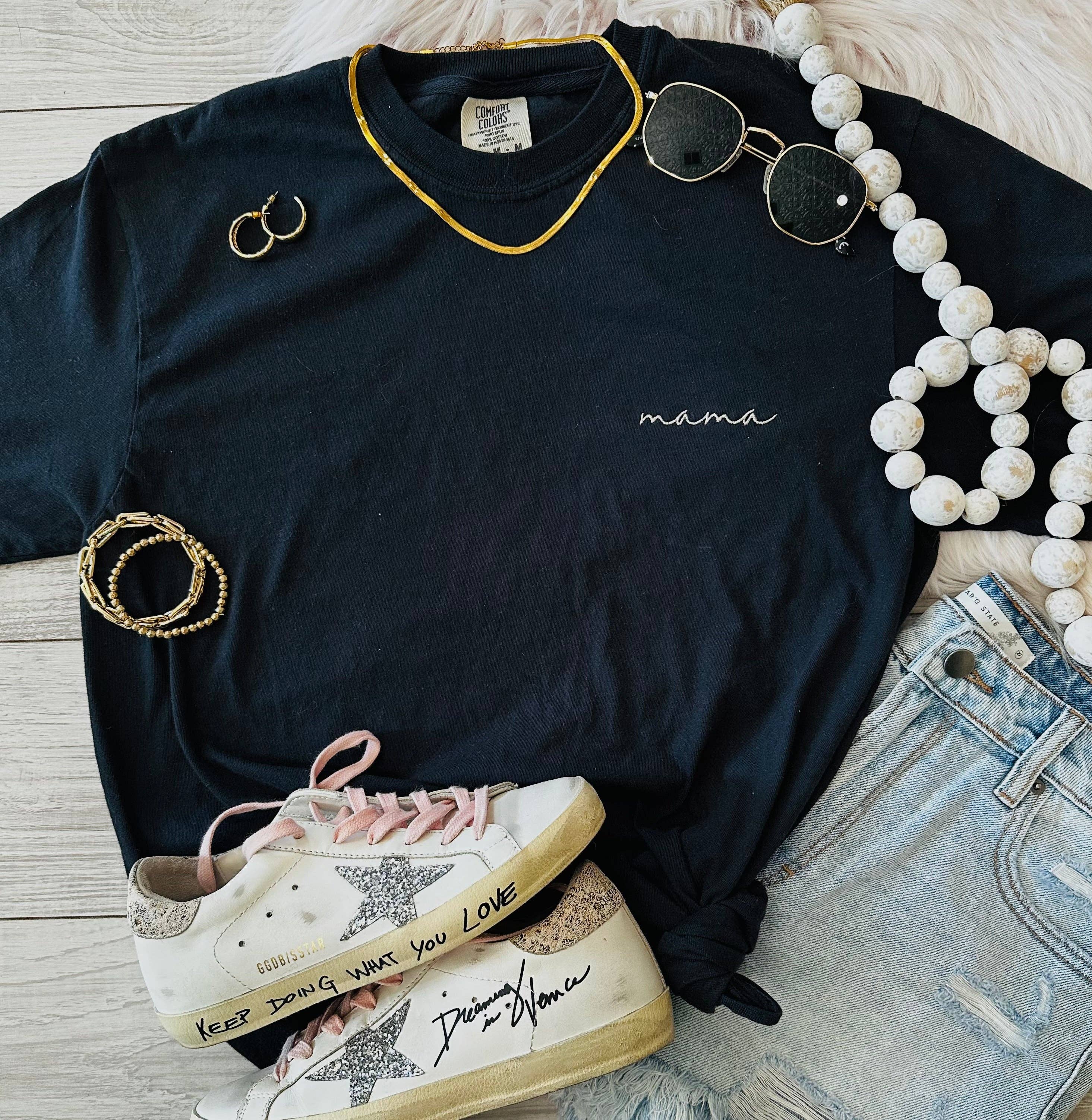 Black Dainty Mama Embroidered Tee Hoodie, Sweatshirt | PodTeesHub.com