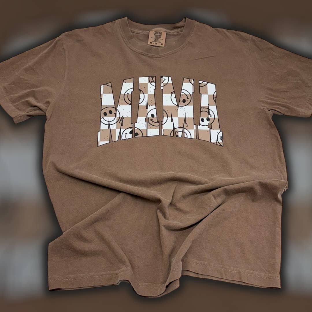 Mama Smiley Brown Checkered Comfort Colors T-Shirt Hoodie, Sweatshirt | PodTeesHub.com