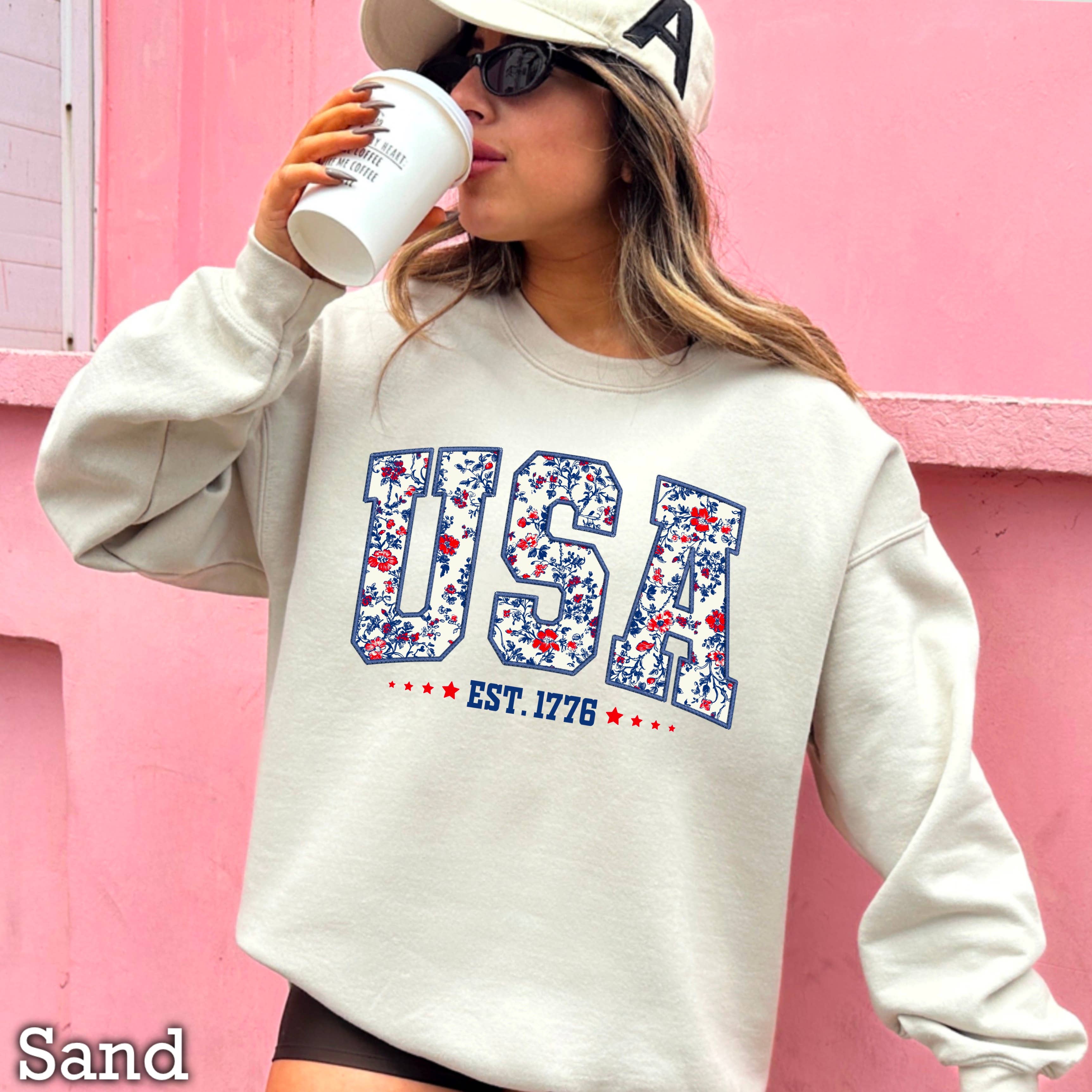 Patriotic USA Floral  July 4th Women’S Graphic Sweatshirt T-Shirts, Hoodie | PodTeesHub.com