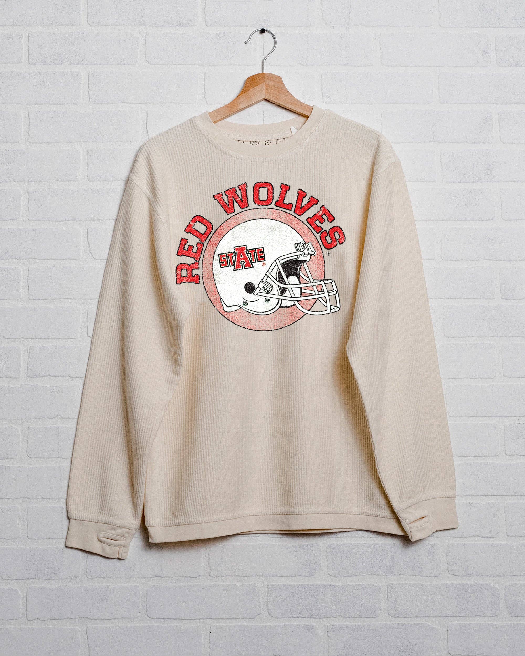 Asu Red Wolves Helmet Circle Ivory Corded Crew Sweatshirt T-Shirts, Hoodie | PodTeesHub.com