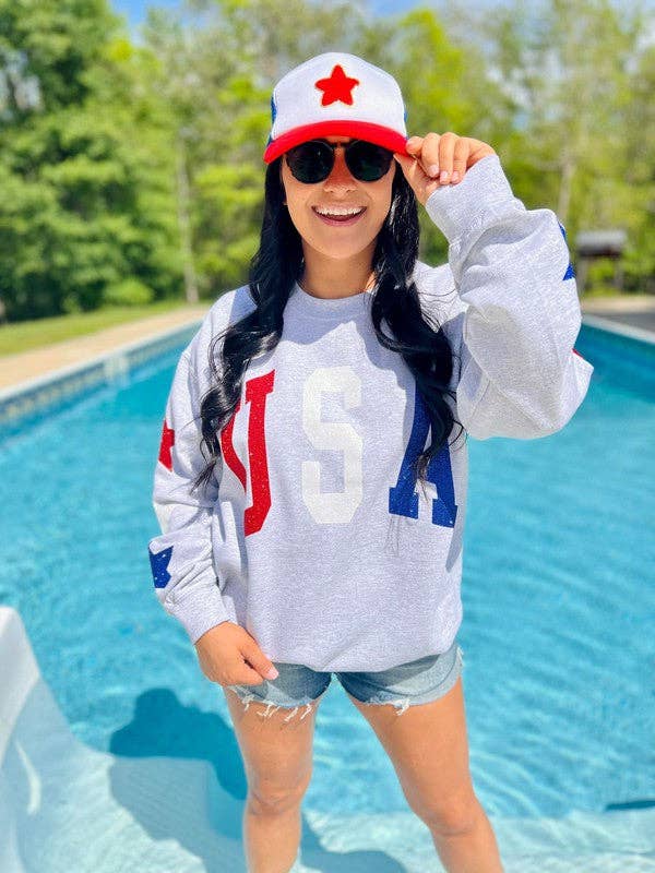 USA Glitter Sweatshirt with Star Sleeve Details T-Shirts, Hoodie | PodTeesHub.com