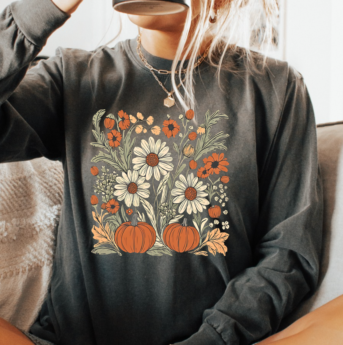 Boho Fall Floral Comfort Color Tee - Long Sleeve Hoodie, Sweatshirt | PodTeesHub.com
