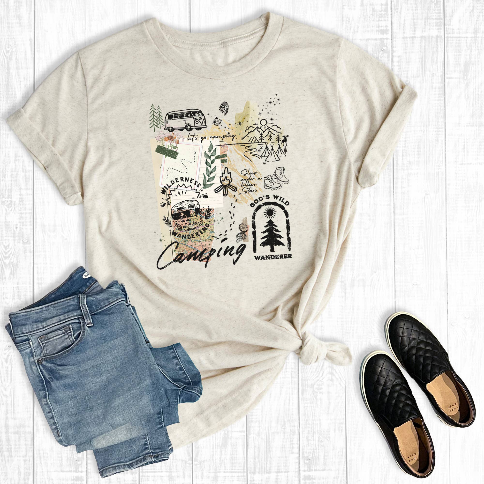 Retro Let's Go Camping Collage Graphic Tee Hoodie, Sweatshirt | PodTeesHub.com
