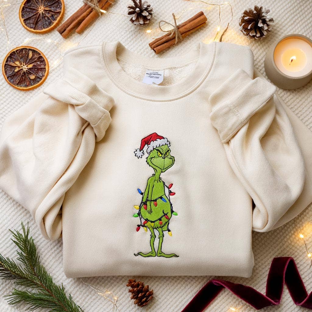 Embroidered Grinch Christmas Lights Sweatshirt T-Shirts, Hoodie | PodTeesHub.com