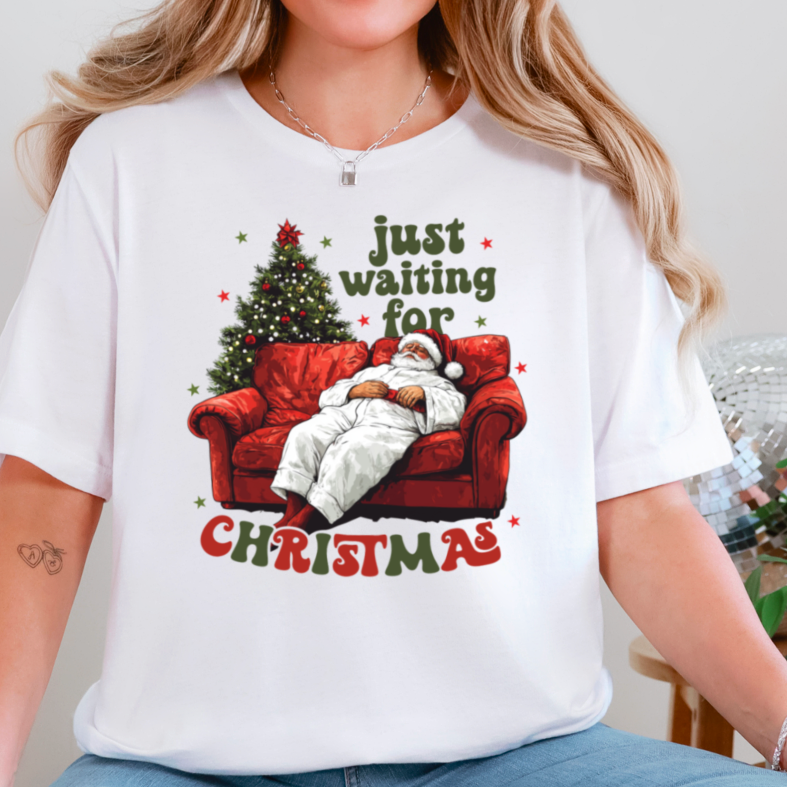 Just Waiting On Christmas 2025 Graphic Tee | Bella Canvas Hoodie, Sweatshirt | PodTeesHub.com