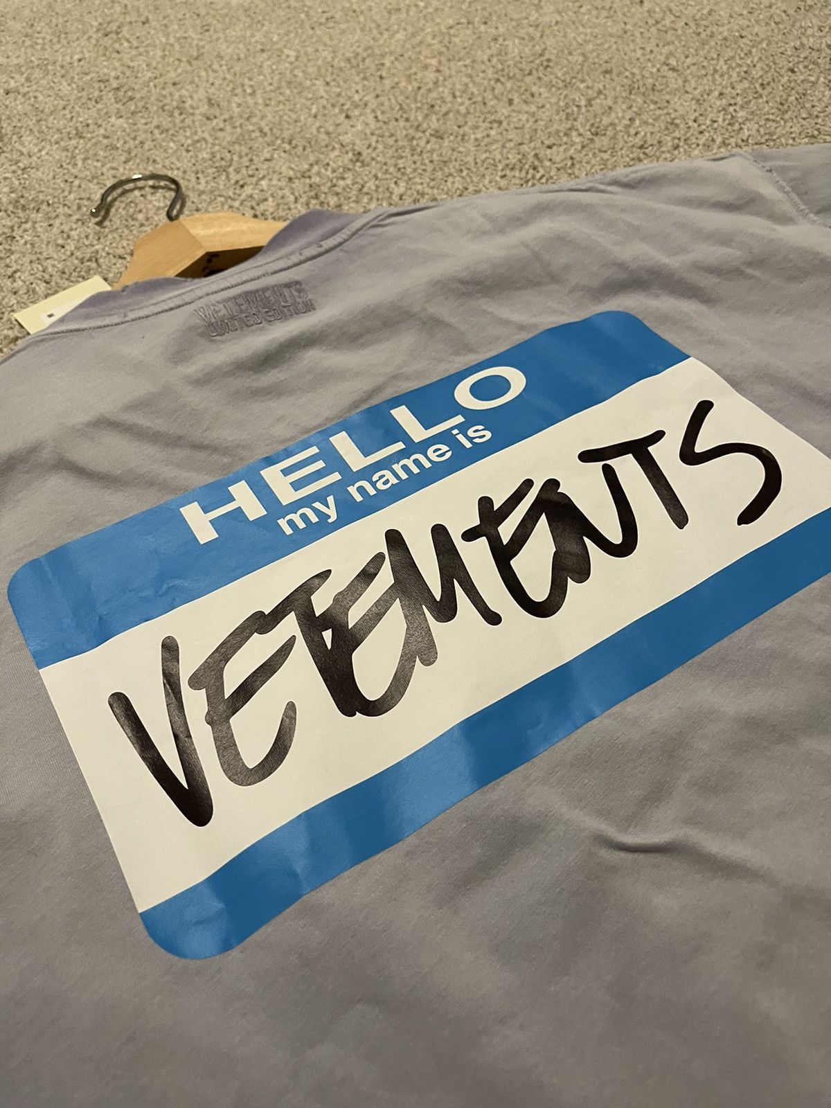 Vetements Hello My Name Is Washed T Shirt Blue Hoodie, Sweatshirt | PodTeesHub.com