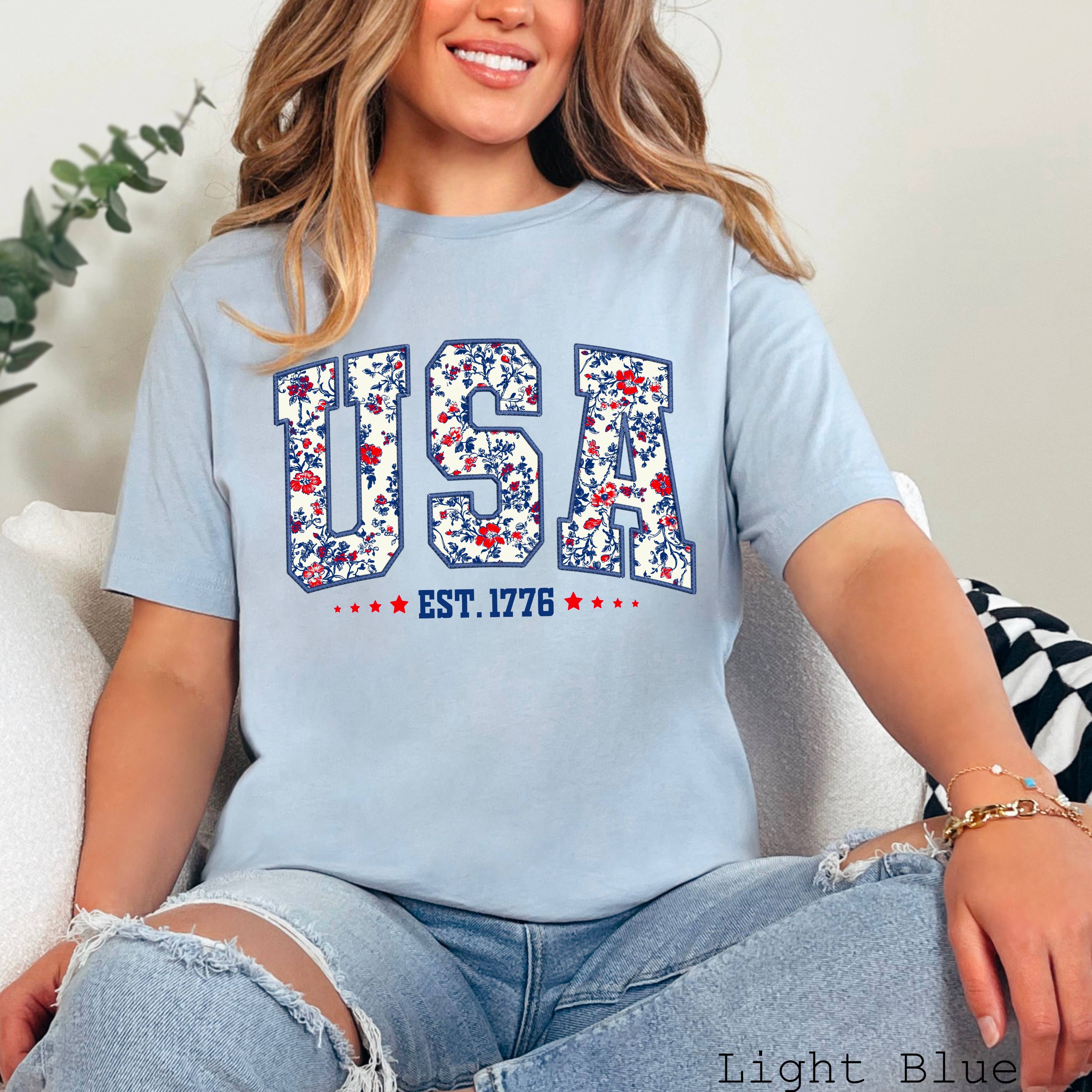 July 4th Graphic Tee | Floral USA  | Bella Canvas Hoodie, Sweatshirt | PodTeesHub.com