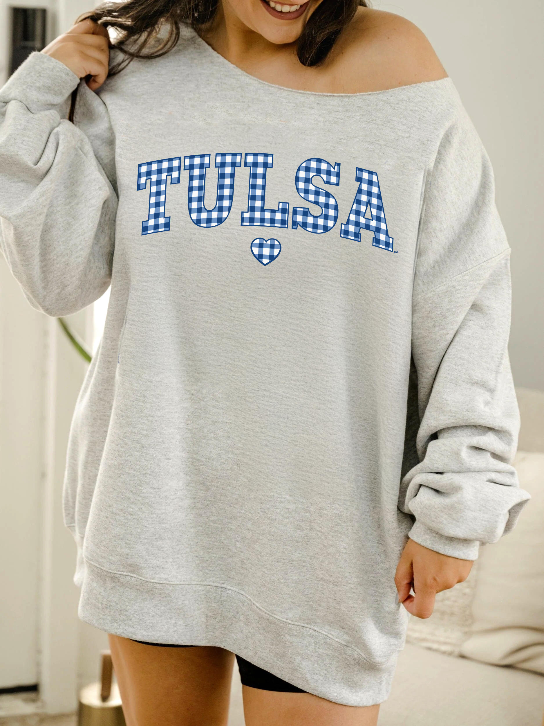 Tu Tulsa Hurricane Gingham Heart Gray Flashdance Sweatshirt T-Shirts, Hoodie | PodTeesHub.com