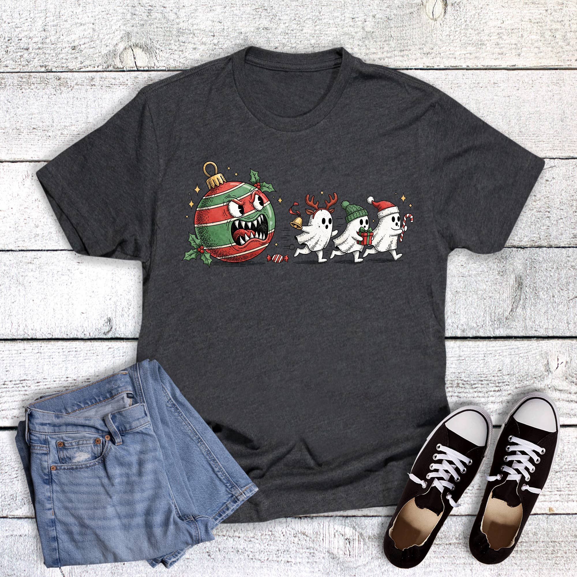 Christmas Funny Ornament Chasing Ghosts Graphic Tee Hoodie, Sweatshirt | PodTeesHub.com