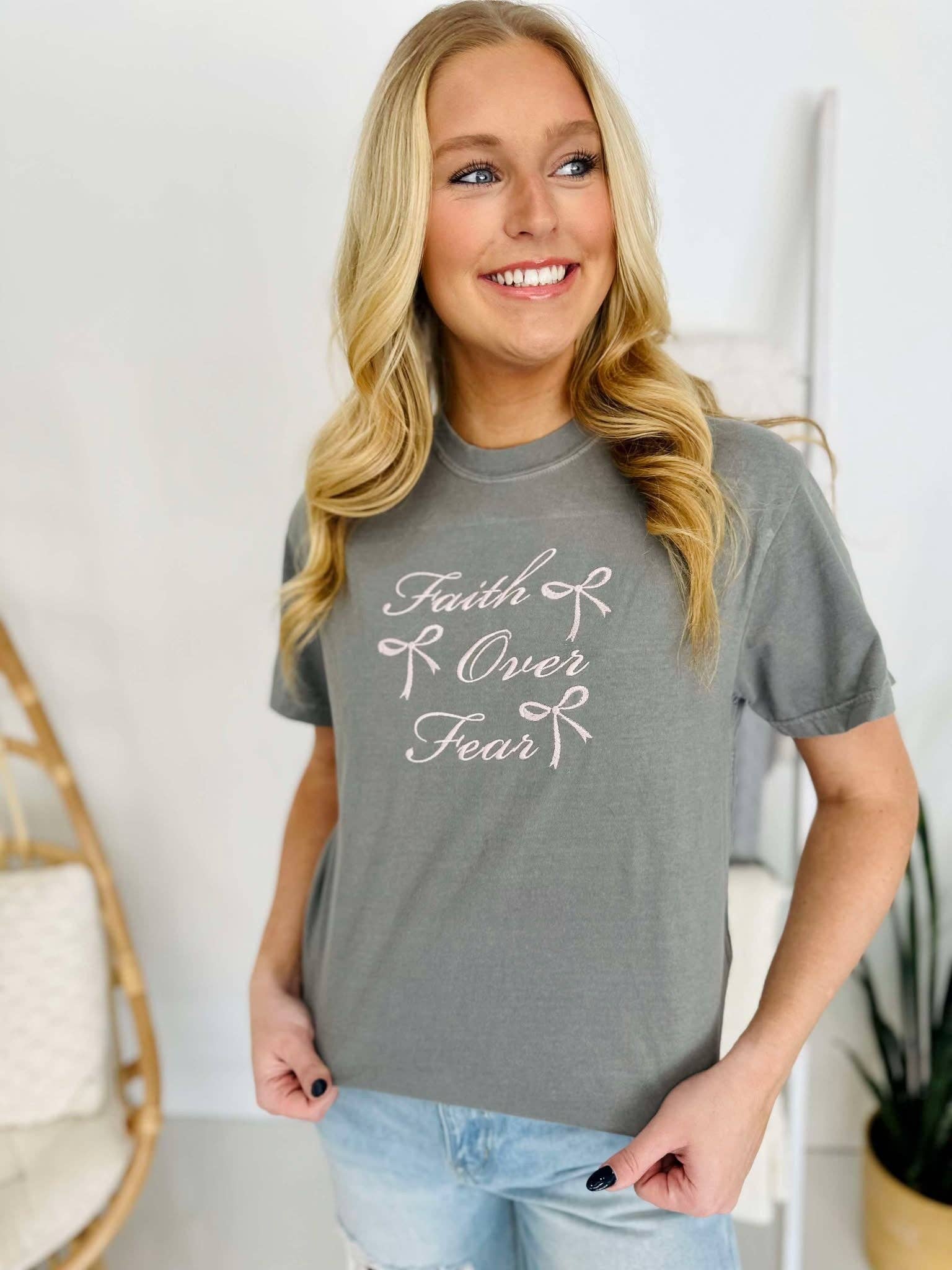 Faith Over Fear Coquette Bow Embroidered Tee Hoodie, Sweatshirt | PodTeesHub.com