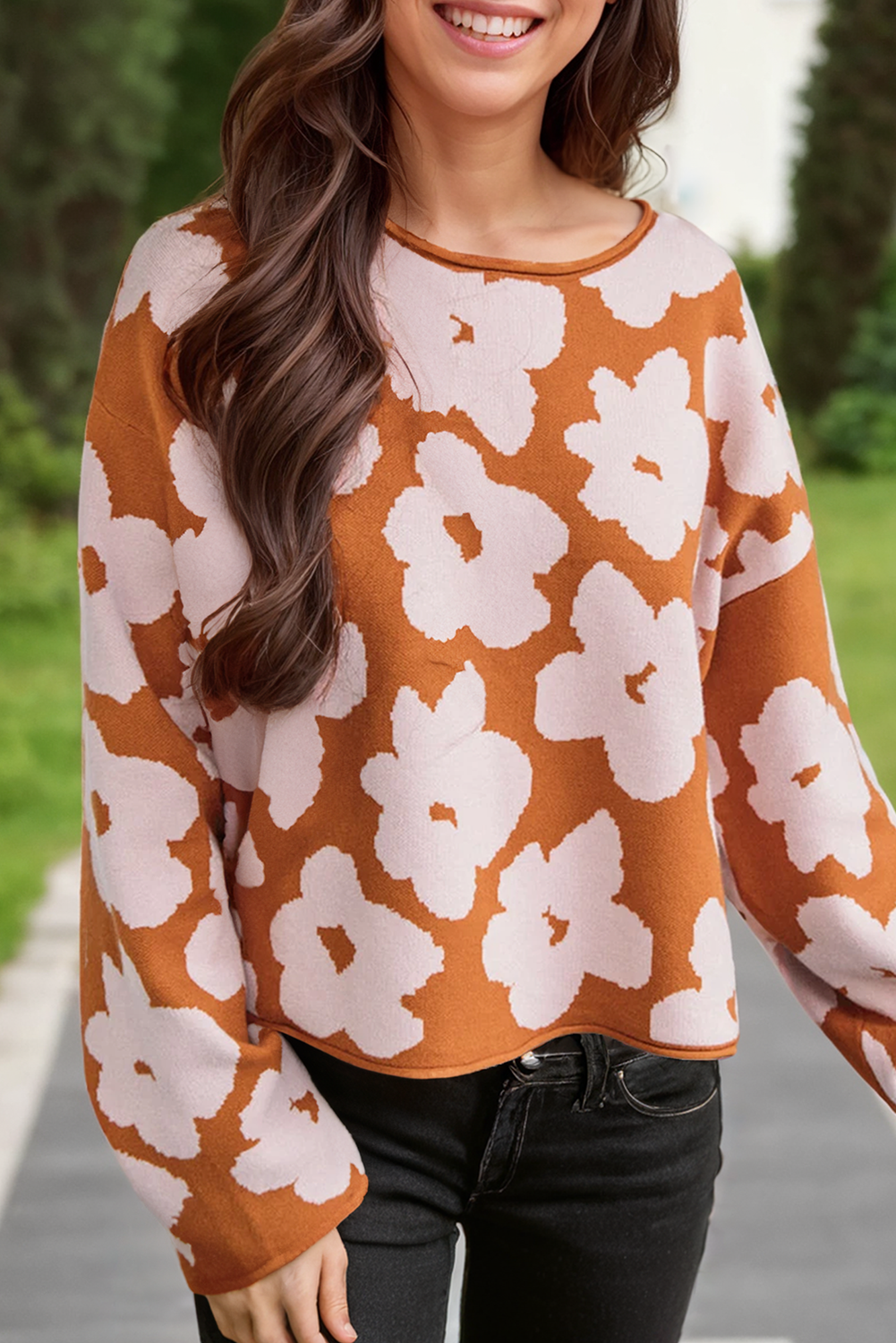 Floral Print Crew Neck Long Sleeve Loose Sweater (S-Xl) T-Shirts, Hoodie, Sweatshirt | PodTeesHub.com