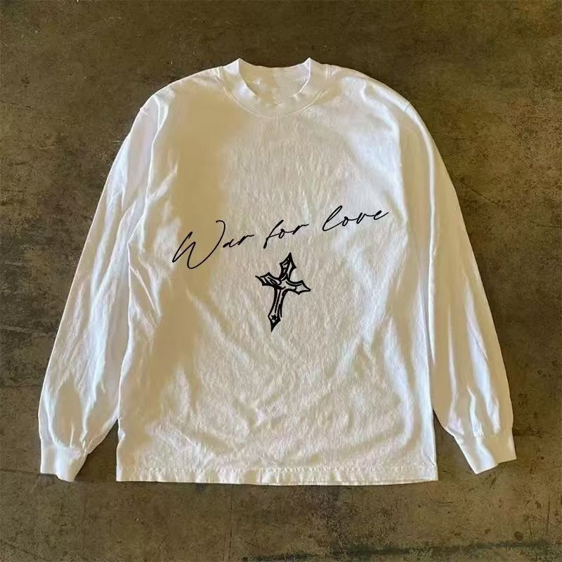 Japanese Brand White Casual Retro Cross Print Long Sleeved T Shirt Hoodie, Sweatshirt | PodTeesHub.com