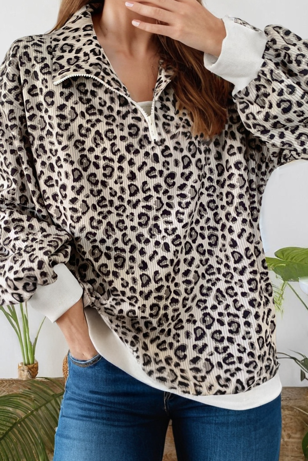 Leopard Mock Neck Quarter Zip Corduroy Sweatshirt (S-Xl) T-Shirts, Hoodie | PodTeesHub.com