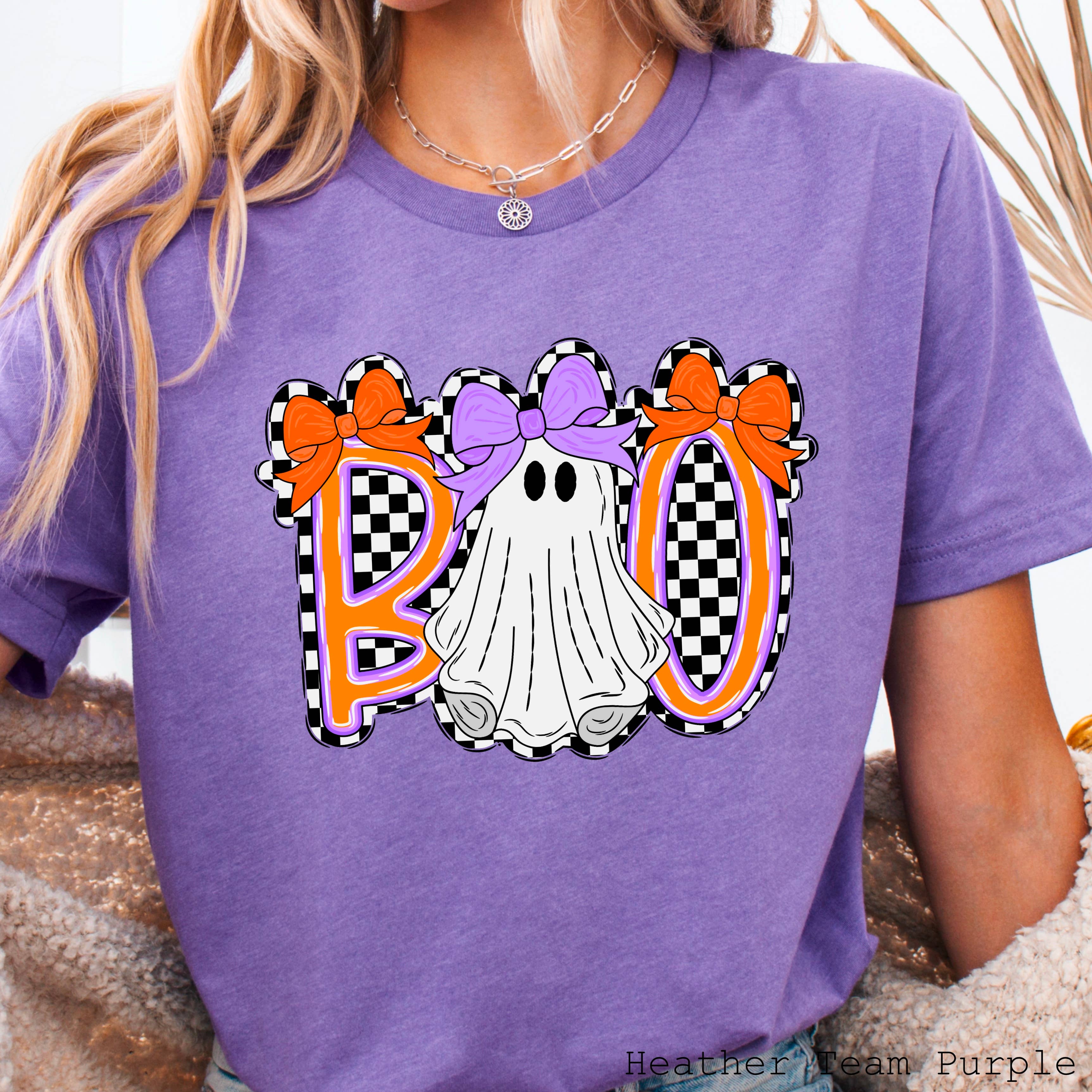 Halloween 2025 Checkered Boo Graphic Tee  | Bella Canvas Hoodie, Sweatshirt | PodTeesHub.com