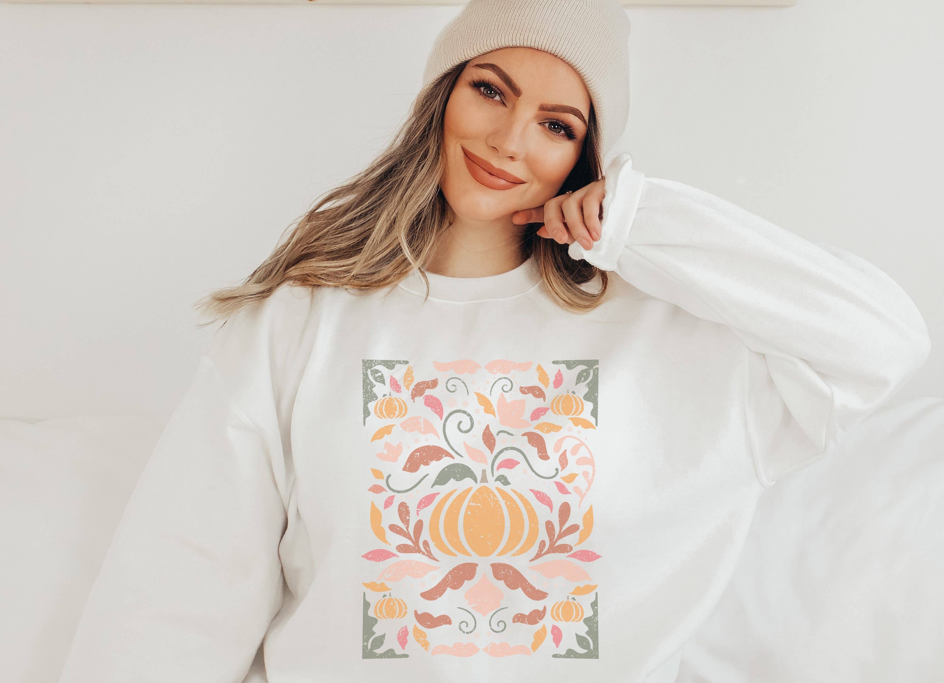 Retro Fall Floral Pumpkins Crew Neck Sweatshirt T-Shirts, Hoodie | PodTeesHub.com