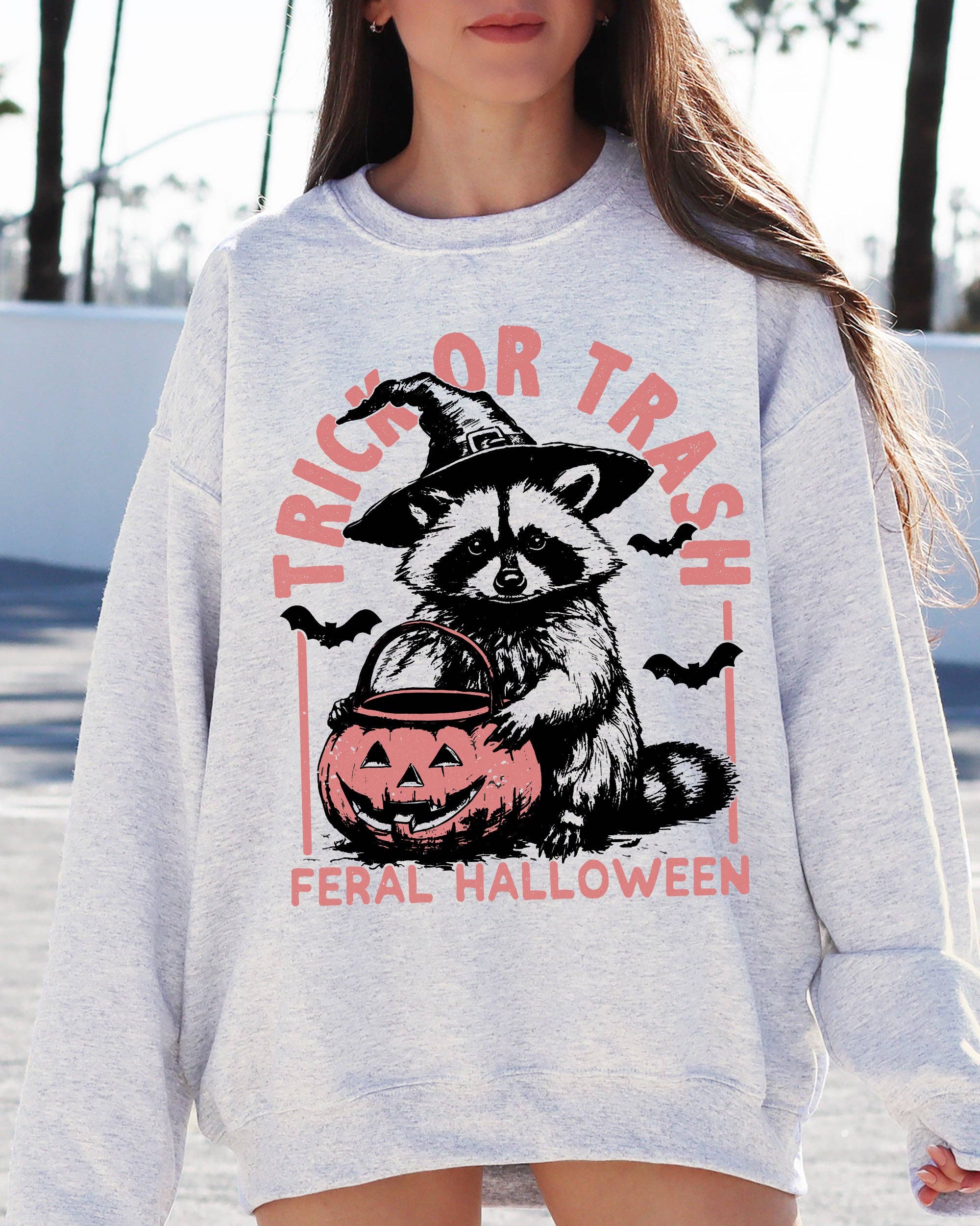Trick or Trash, Feral Halloween, Funny Raccoon Sweatshirt T-Shirts, Hoodie | PodTeesHub.com