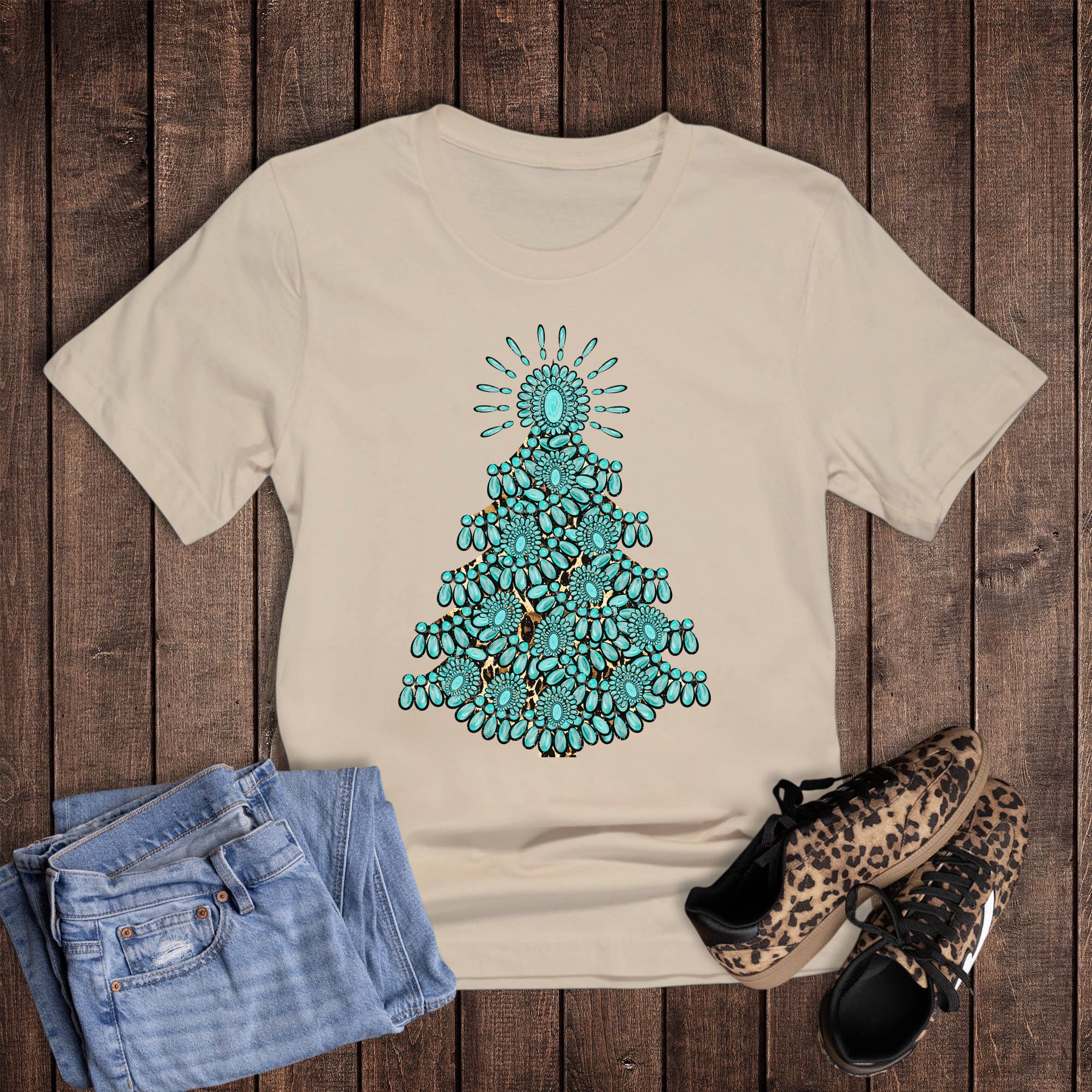 Christmas Western Turquoise Tree with Cheetah Graphic Tee Hoodie, Sweatshirt | PodTeesHub.com