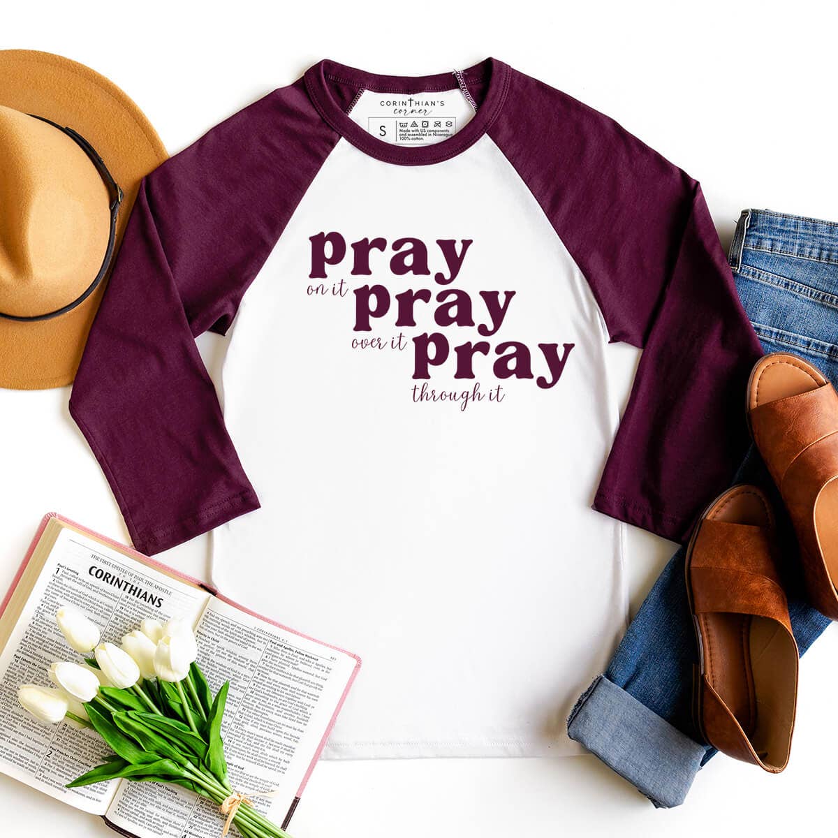 Pray Pray Pray 3/4 Sleeve Graphic Christian T-Shirt Hoodie, Sweatshirt | PodTeesHub.com