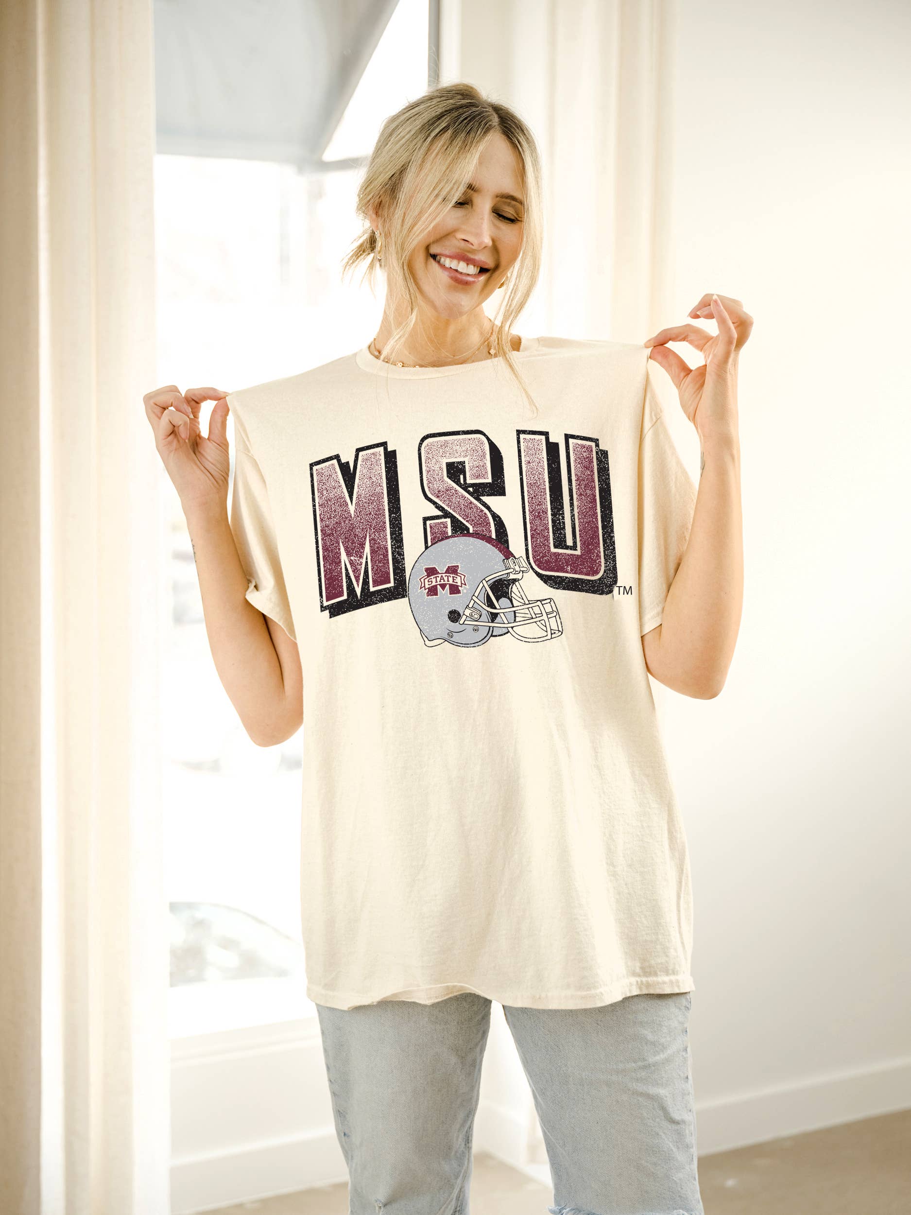 Mississippi State Helmet Fade Off White Thrifted Tee Hoodie, Sweatshirt | PodTeesHub.com