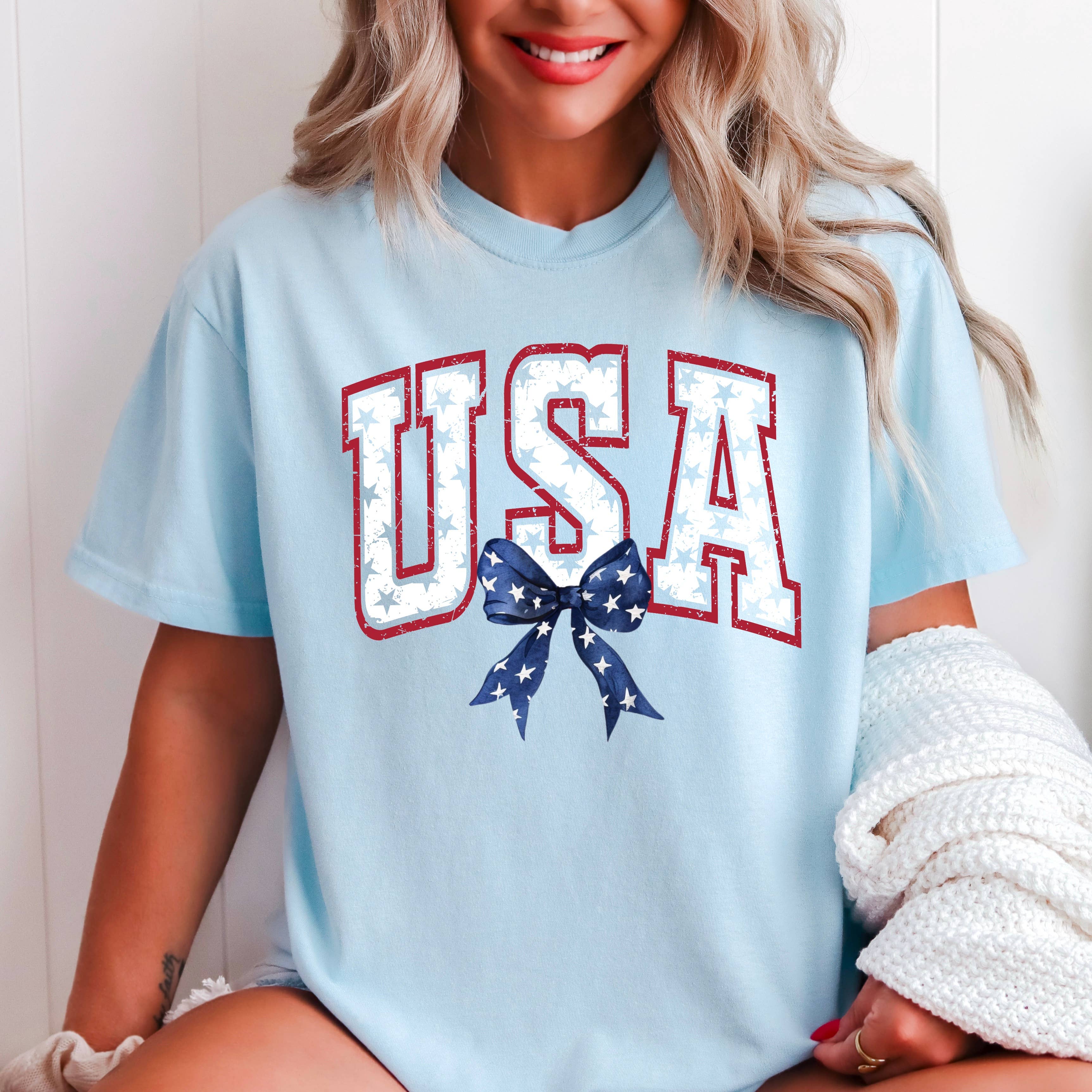 USA Bow and Stars July 4th Graphic T-Shirt | Comfort Color Hoodie, Sweatshirt | PodTeesHub.com