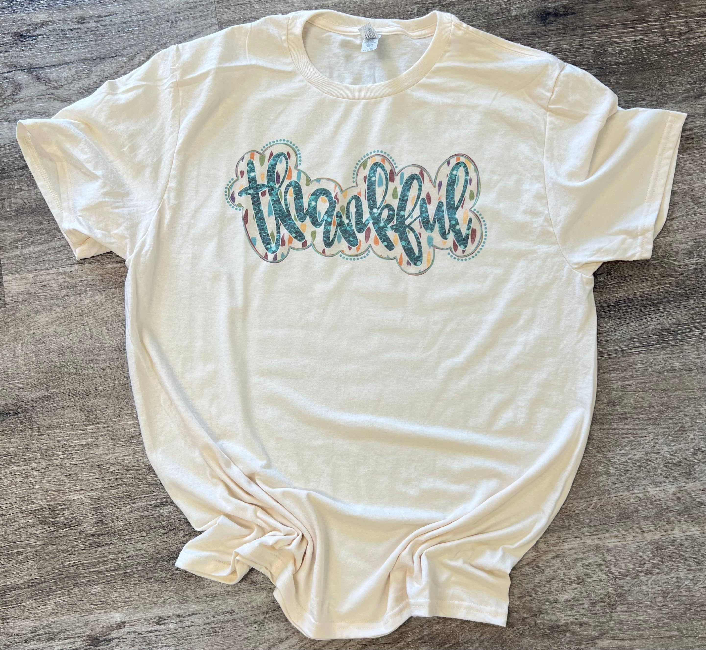 Thankful (Cursive Blue Letters) On Cream Tee Hoodie, Sweatshirt | PodTeesHub.com