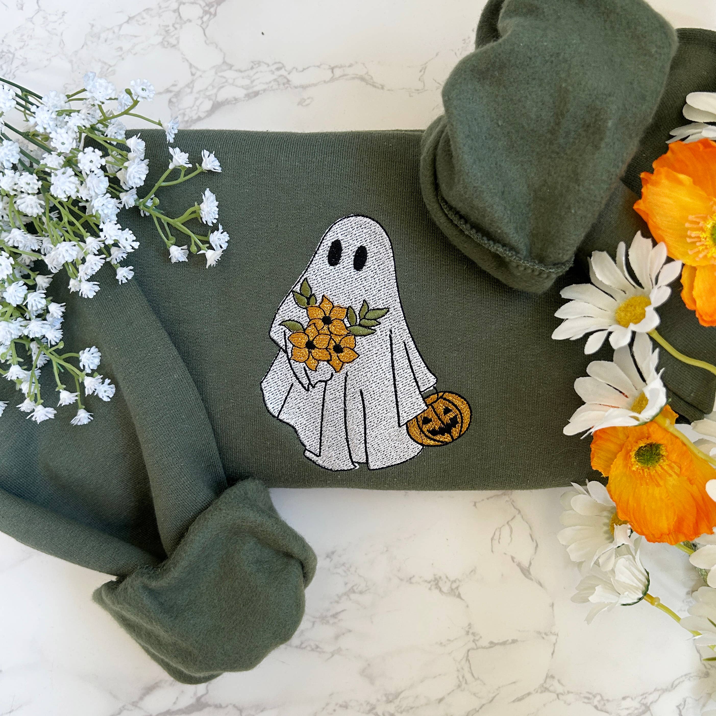 Embroidered Halloween Floral Ghost Sweatshirt T-Shirts, Hoodie | PodTeesHub.com