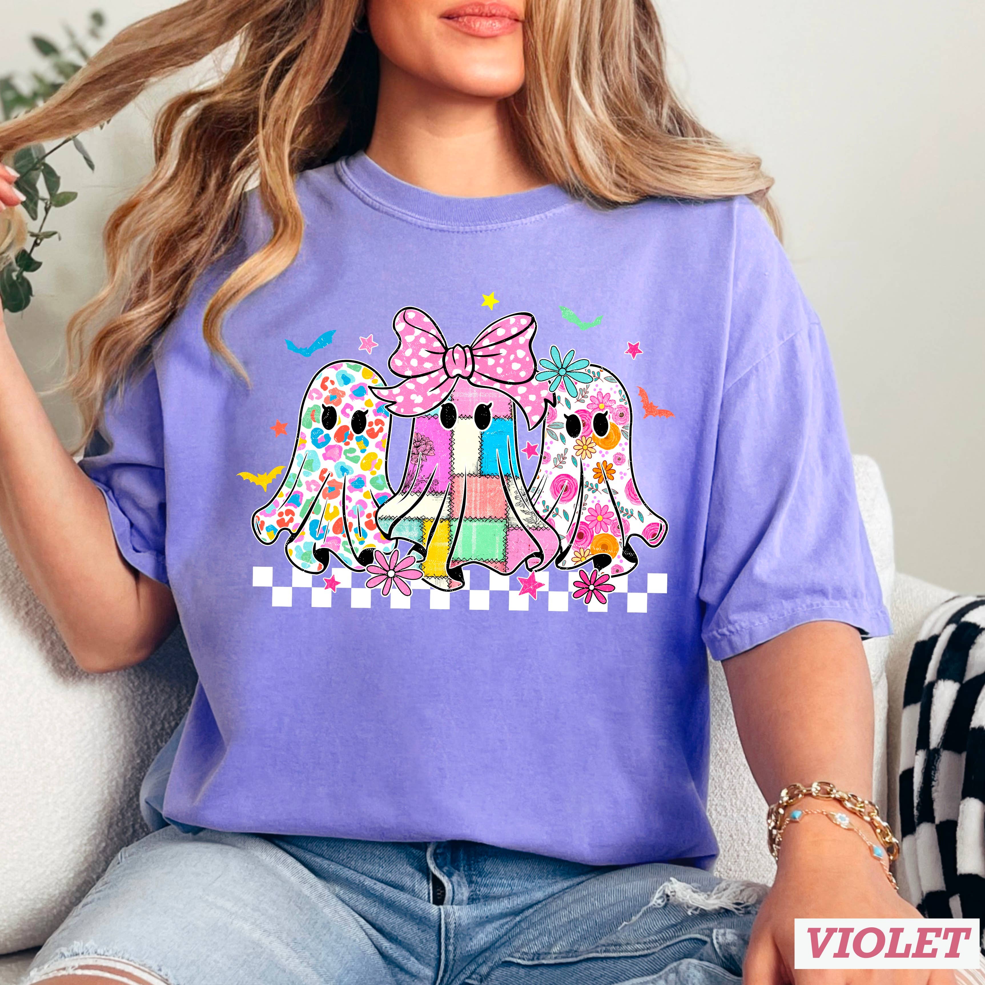Halloween 2025 Checkered Ghost Graphic Shirt | Comfort Color Hoodie, Sweatshirt | PodTeesHub.com
