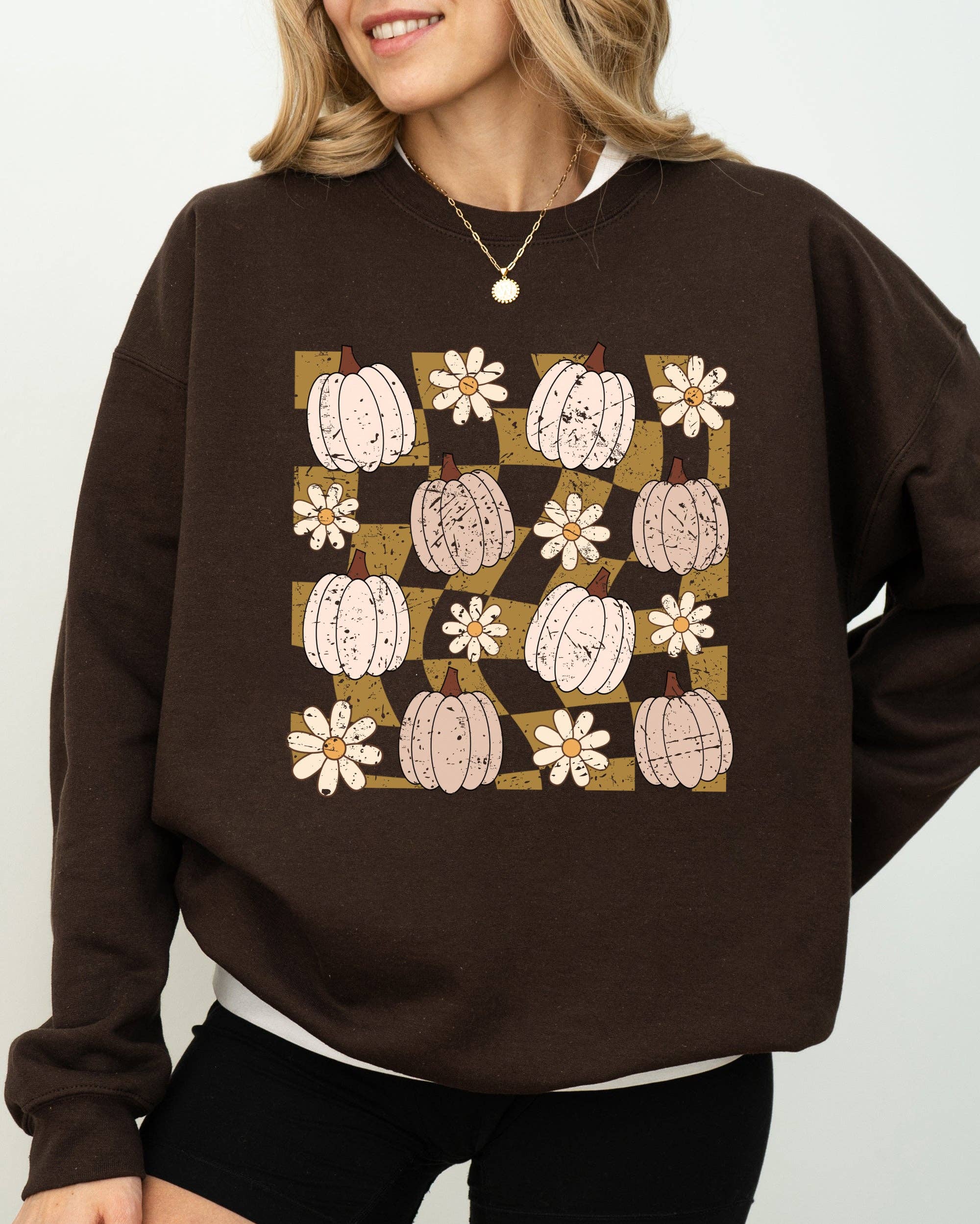Checkered Pumpkins, Daisies Flowers Autumn Fall Sweatshirt T-Shirts, Hoodie | PodTeesHub.com