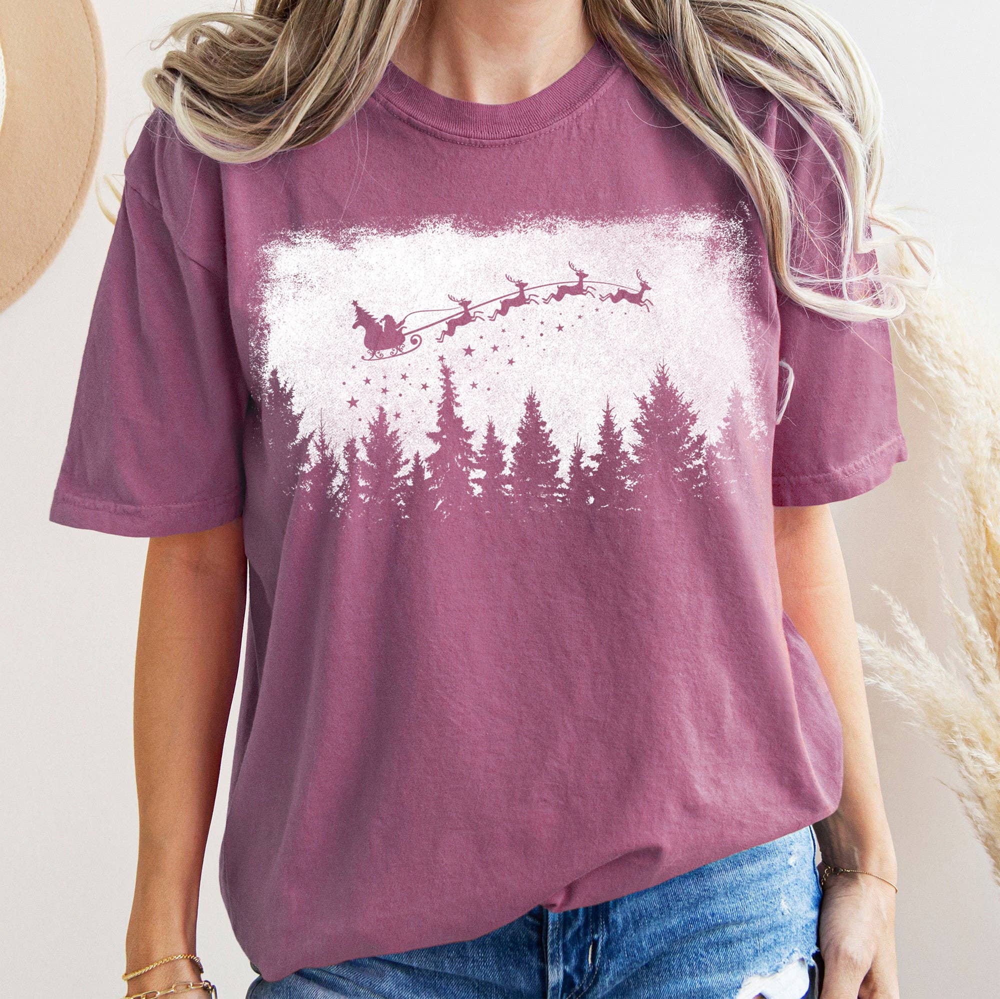Vintage Pine Tree Christmas Silhouette, Santa Tshirt Hoodie, Sweatshirt | PodTeesHub.com