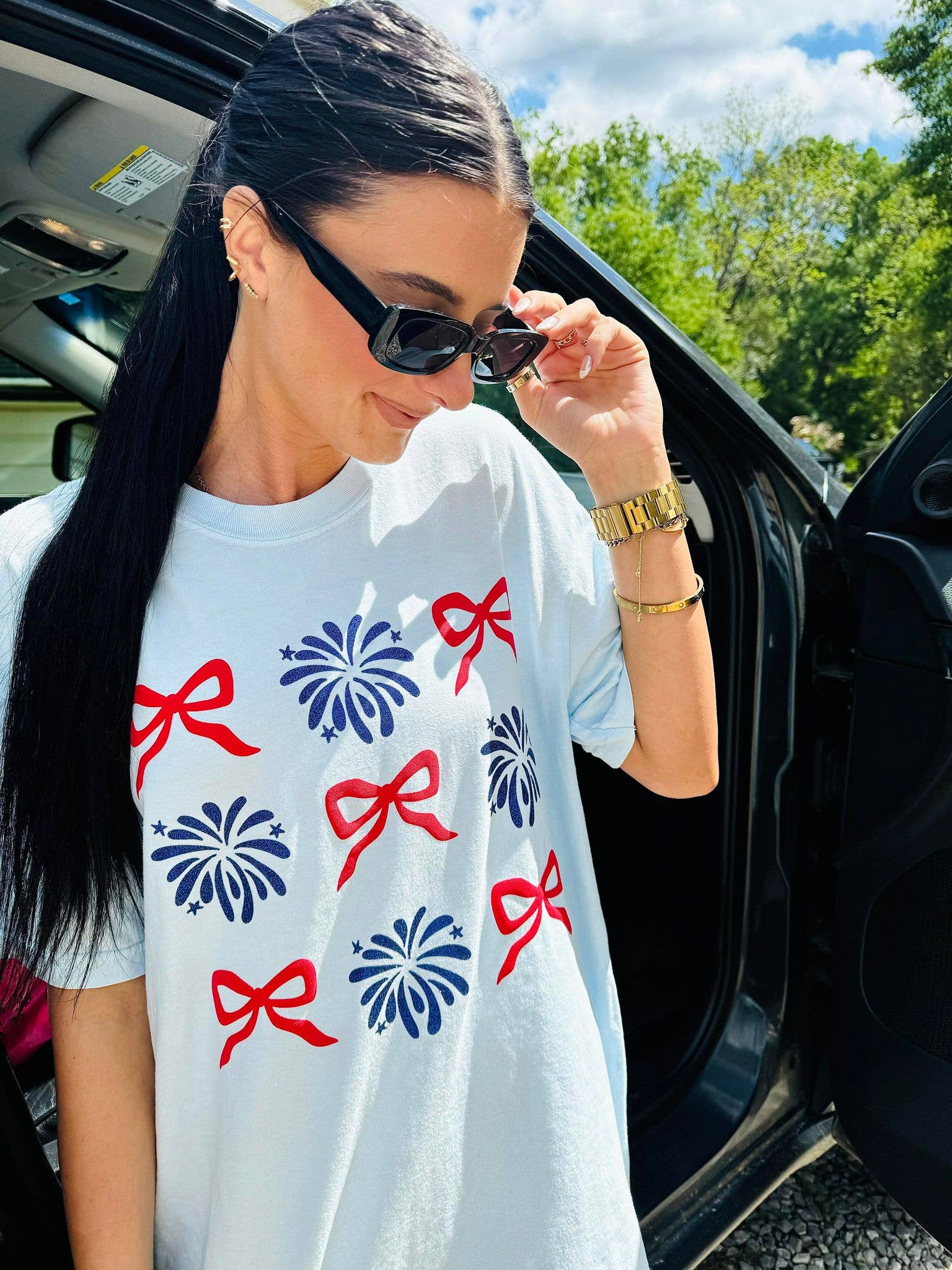 Firework Bow Trio Stack Puff Glitter Tee Hoodie, Sweatshirt | PodTeesHub.com