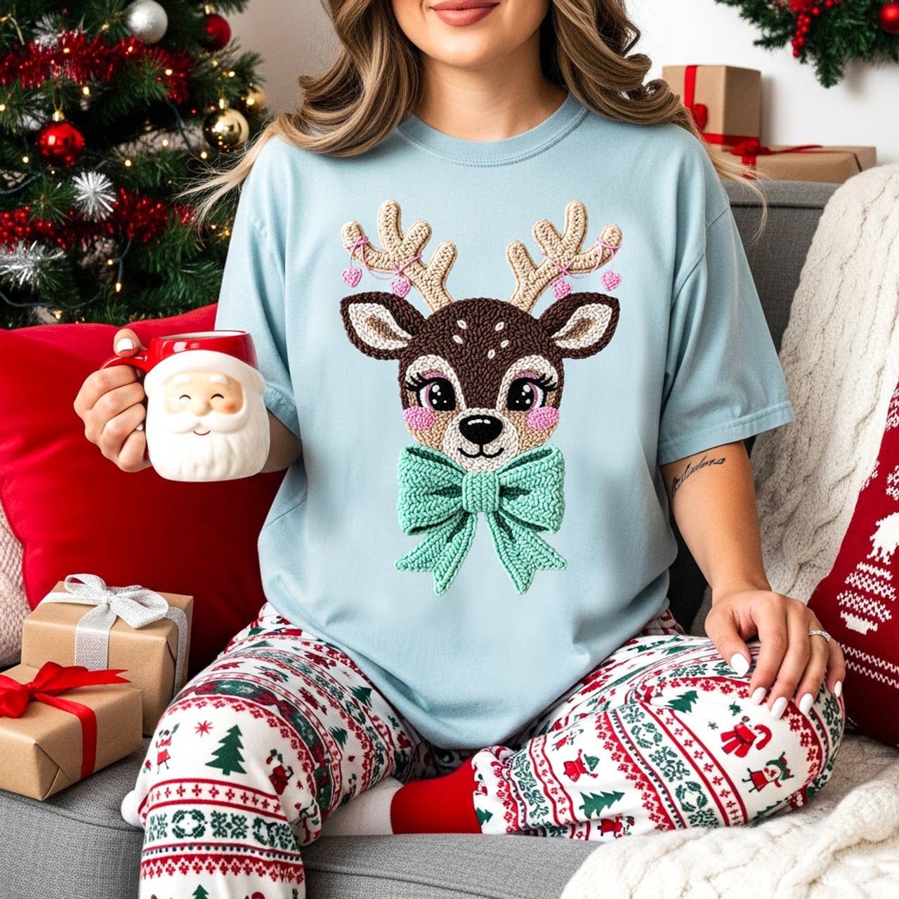 Faux Chenille Reindeer with Bow Tee Hoodie, Sweatshirt | PodTeesHub.com